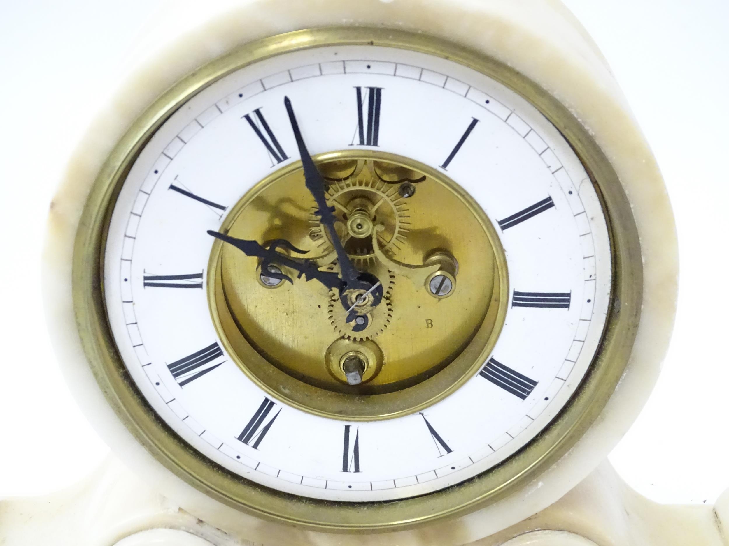 A 19thC French alabaster drum head clock by Farcot, Paris, with Roman chapter ring and visible - Image 6 of 7