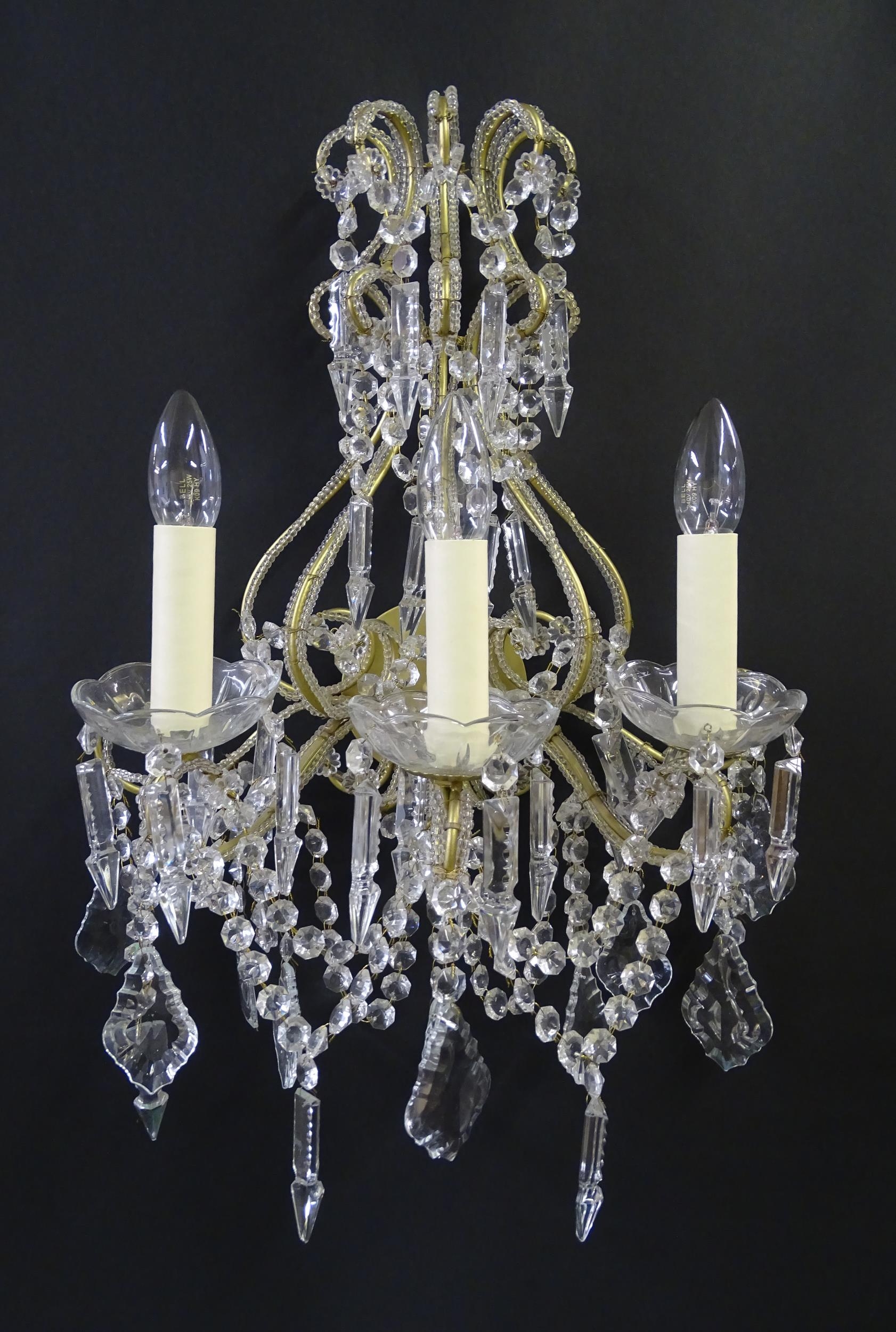 Four Italian wall lights having three branches, and lustre drops. Approx. 18" wide (4) Please Note - - Image 6 of 13