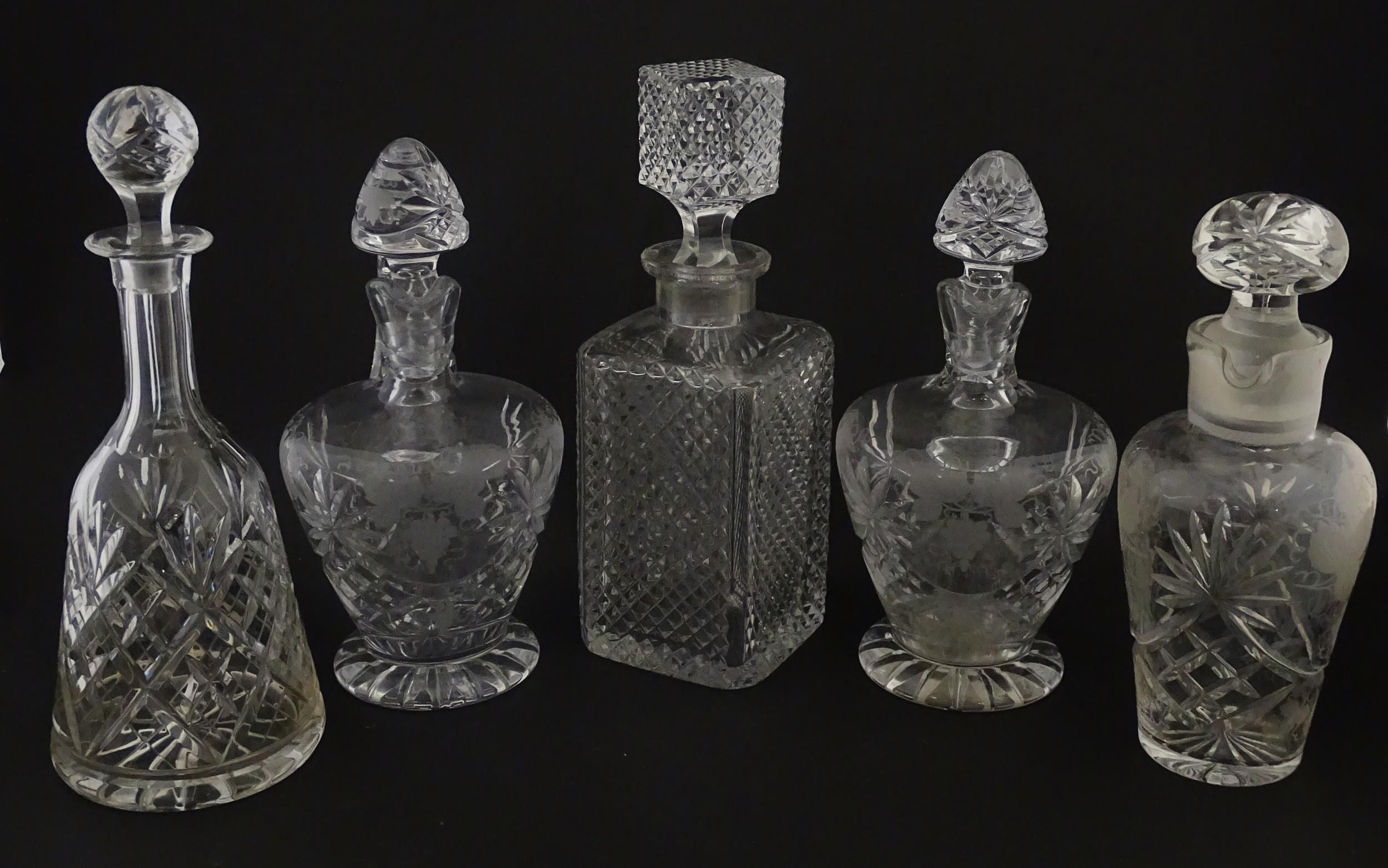 A quantity of assorted cut glass decanters, claret jugs, etc. Largest approx. 11 1/4" high (5) - Image 5 of 10