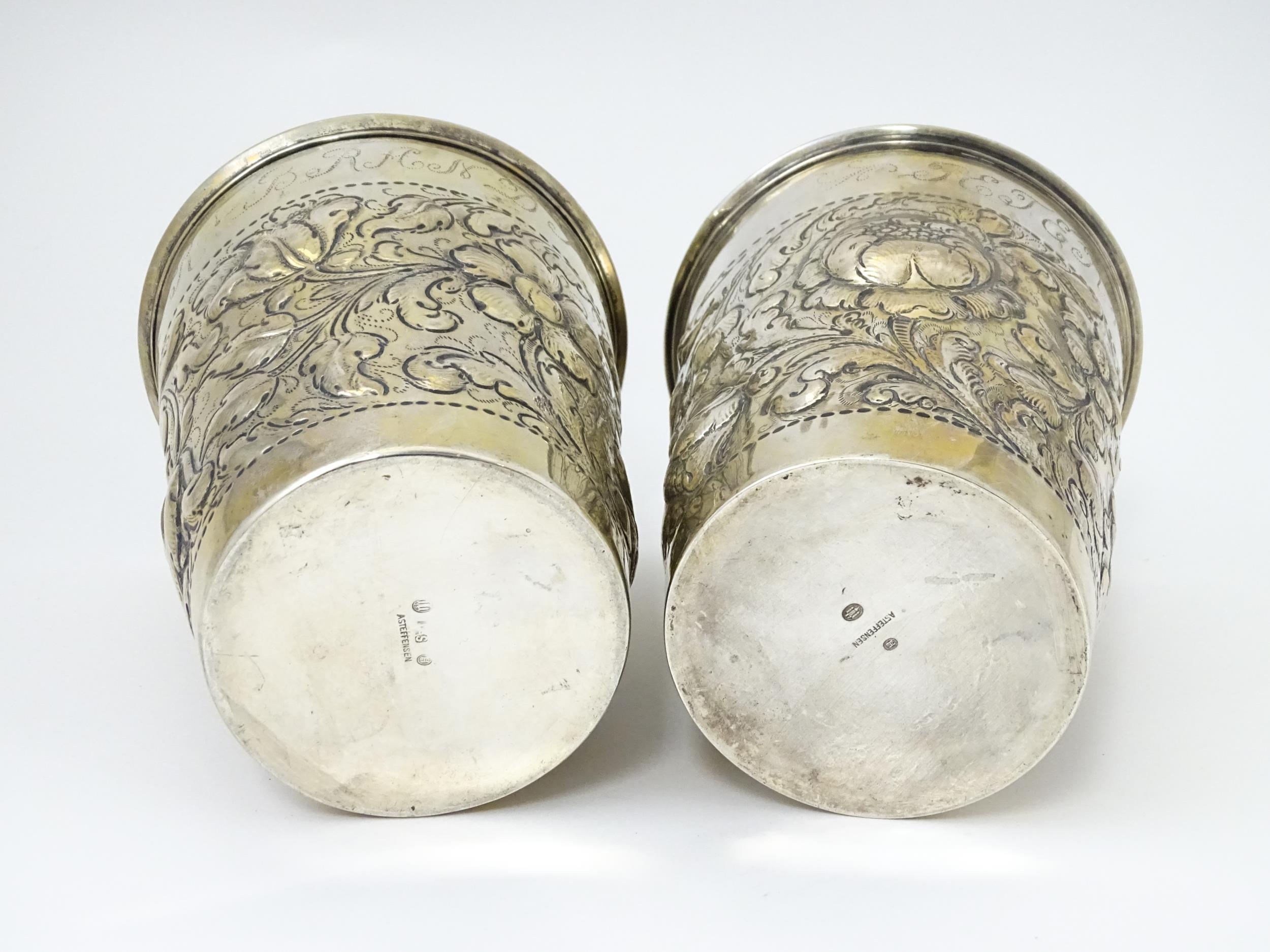 Scandinavian silver : Two early 20thC Danish silver large beakers with floral and acanthus scroll - Image 5 of 11