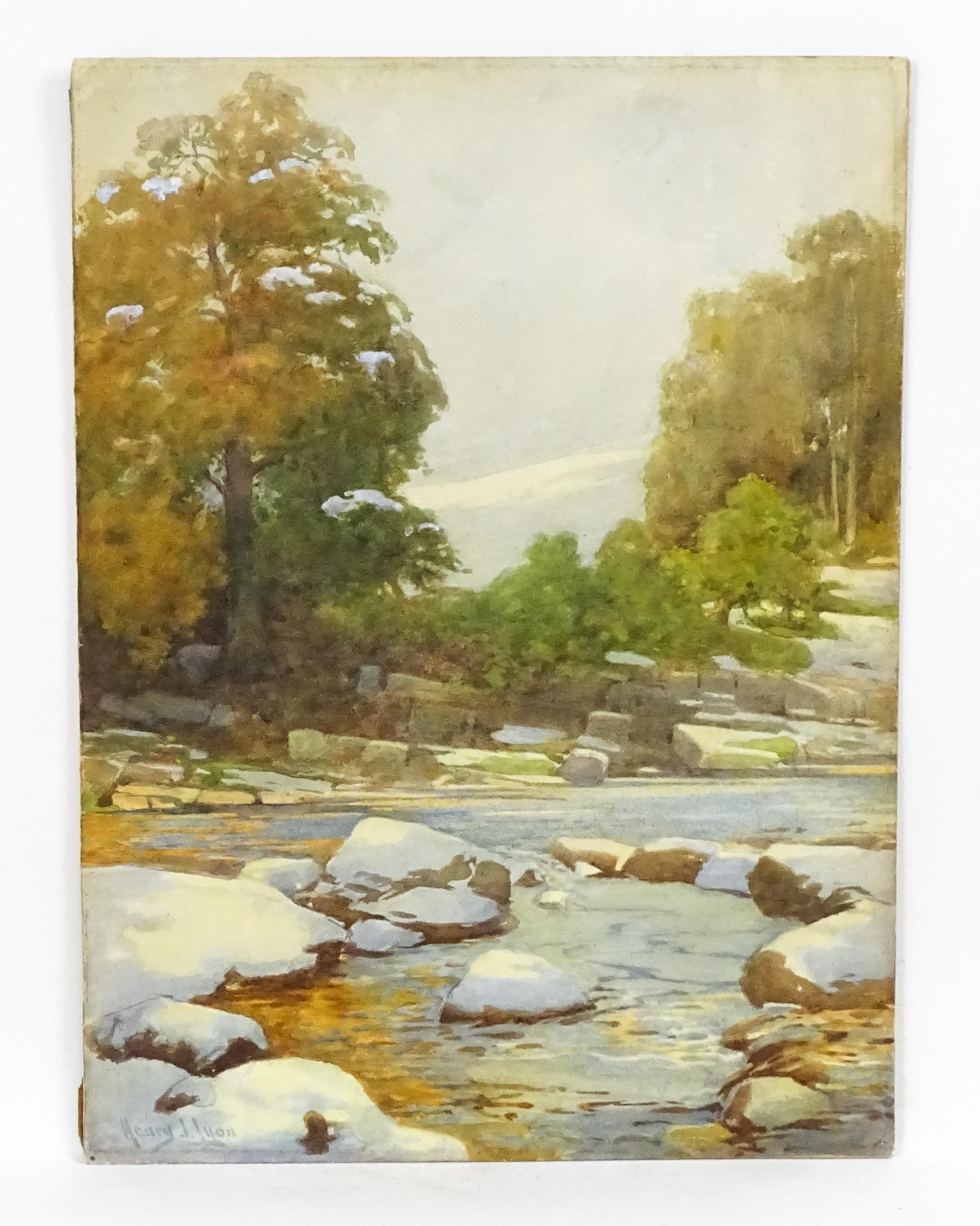 Henry John Lyon (1897-1933), Watercolour, A tranquil river landscape with boulders and trees. Signed