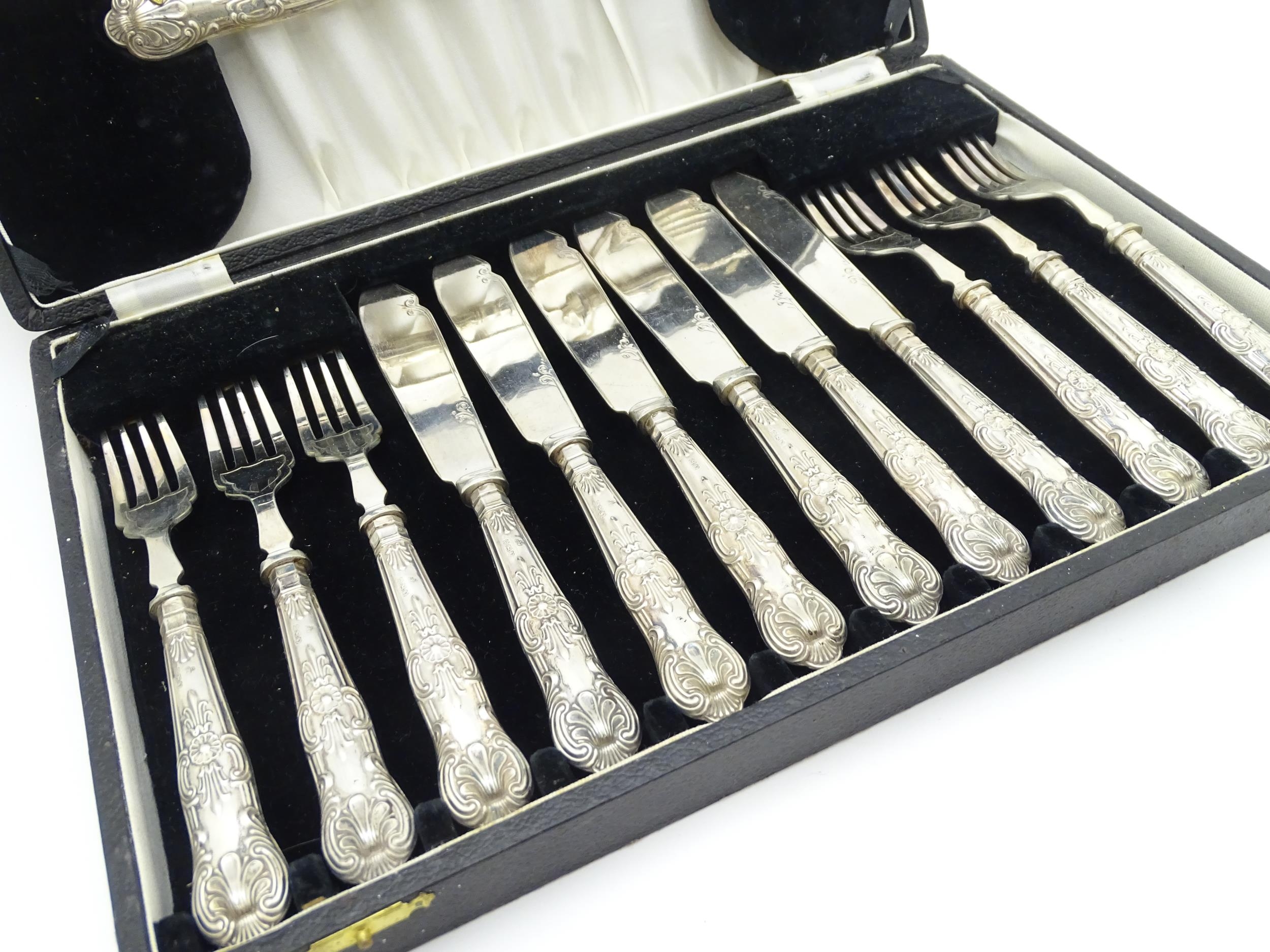 A cased set of six silver handled fish knives and forks with fish servers hallmarked Sheffield 1938, - Image 4 of 12