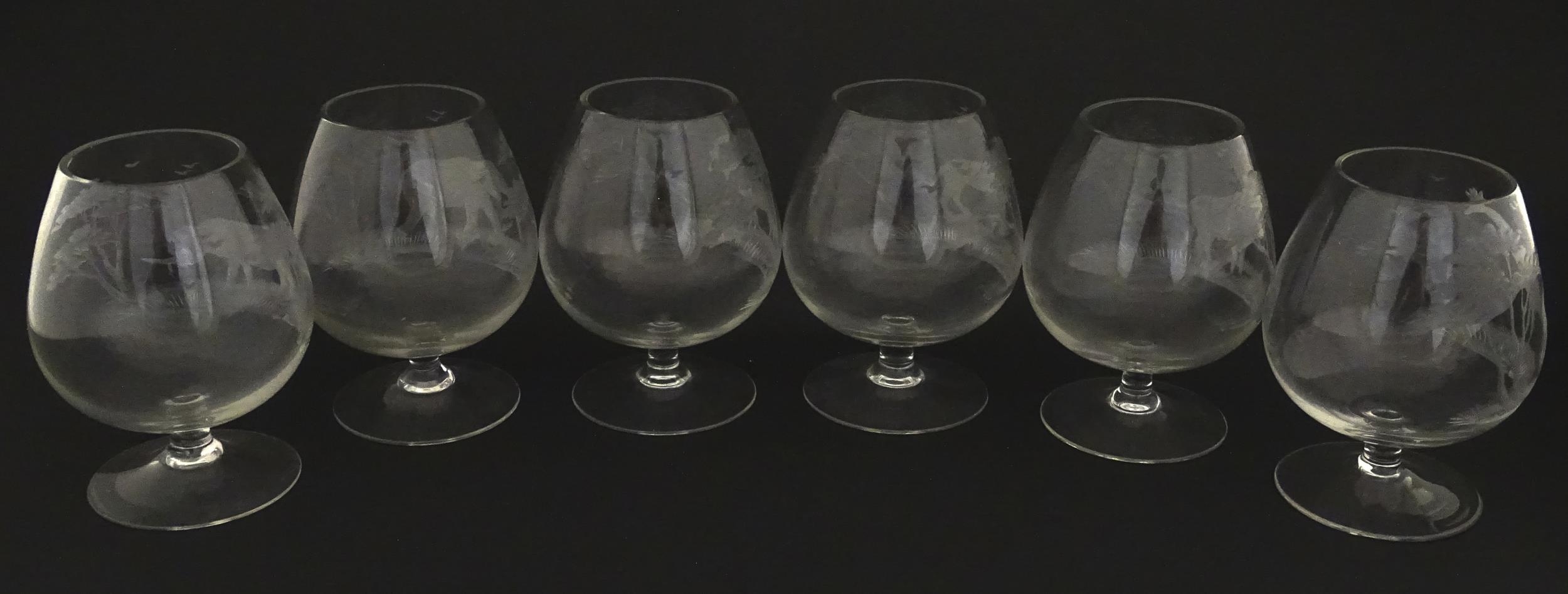 Six Rowland Ward brandy glasses with engraved Safari animal detail. Unsigned Approx. 4 3/4" high (6) - Bild 13 aus 14