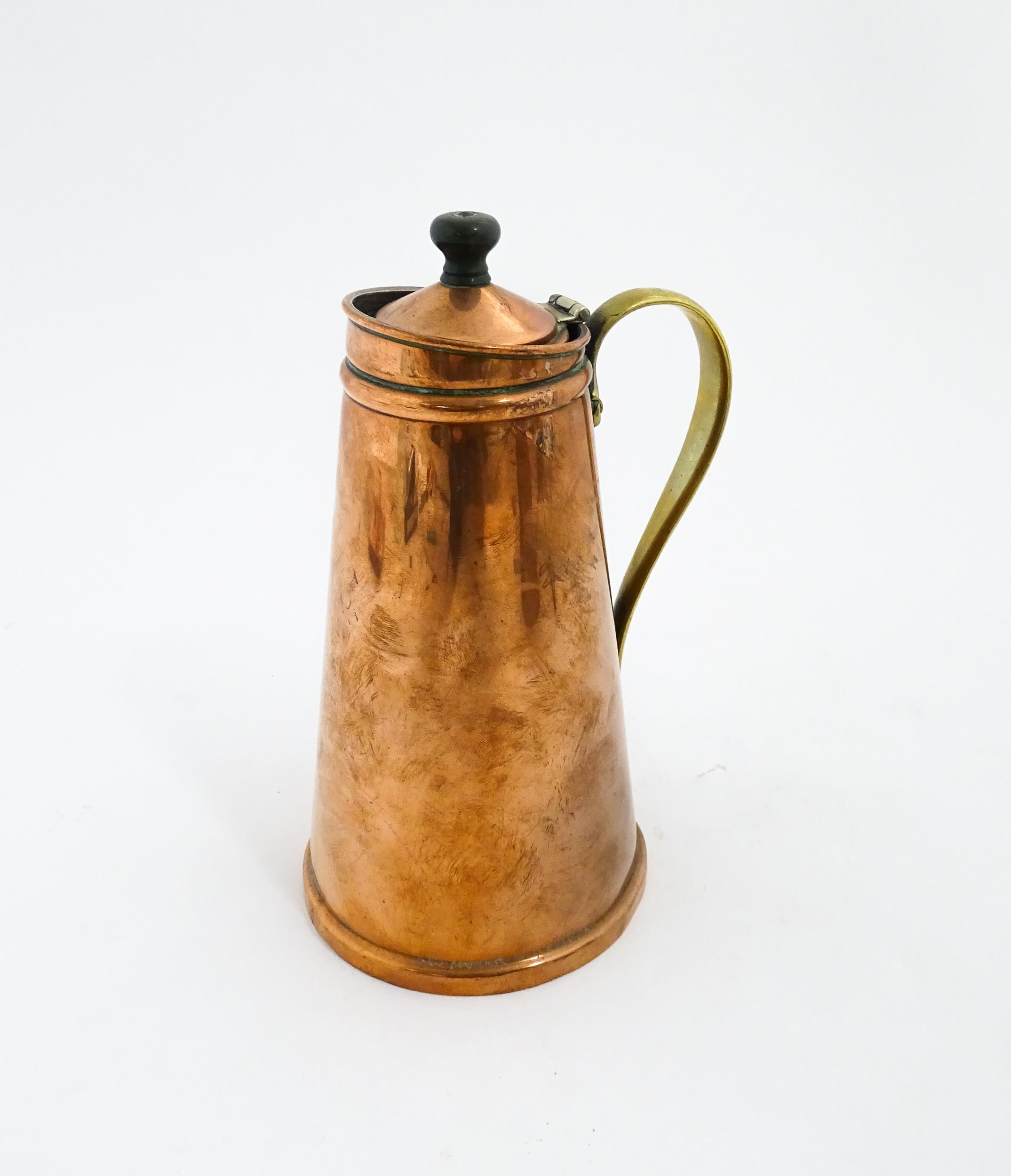 WAS Benson: An Arts & Crafts copper and brass insulated / jacketed hot water jug of tapering form. - Image 5 of 9