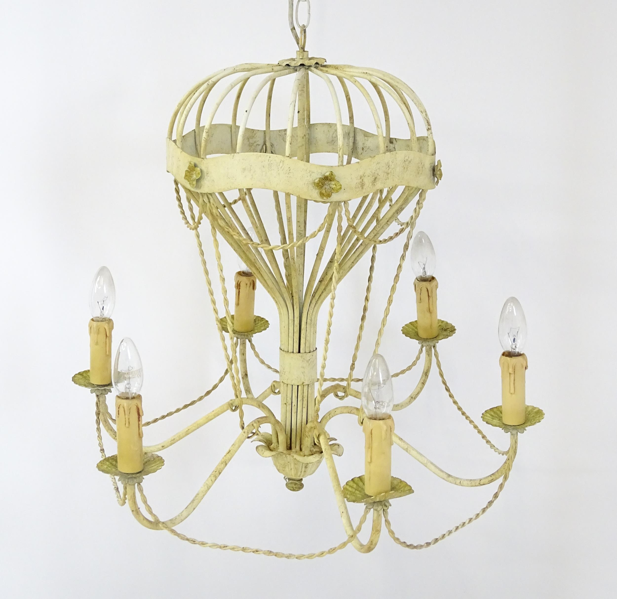 Two pendant ceiling lights / electroliers formed as stylised hot air balloons and having six - Image 5 of 16