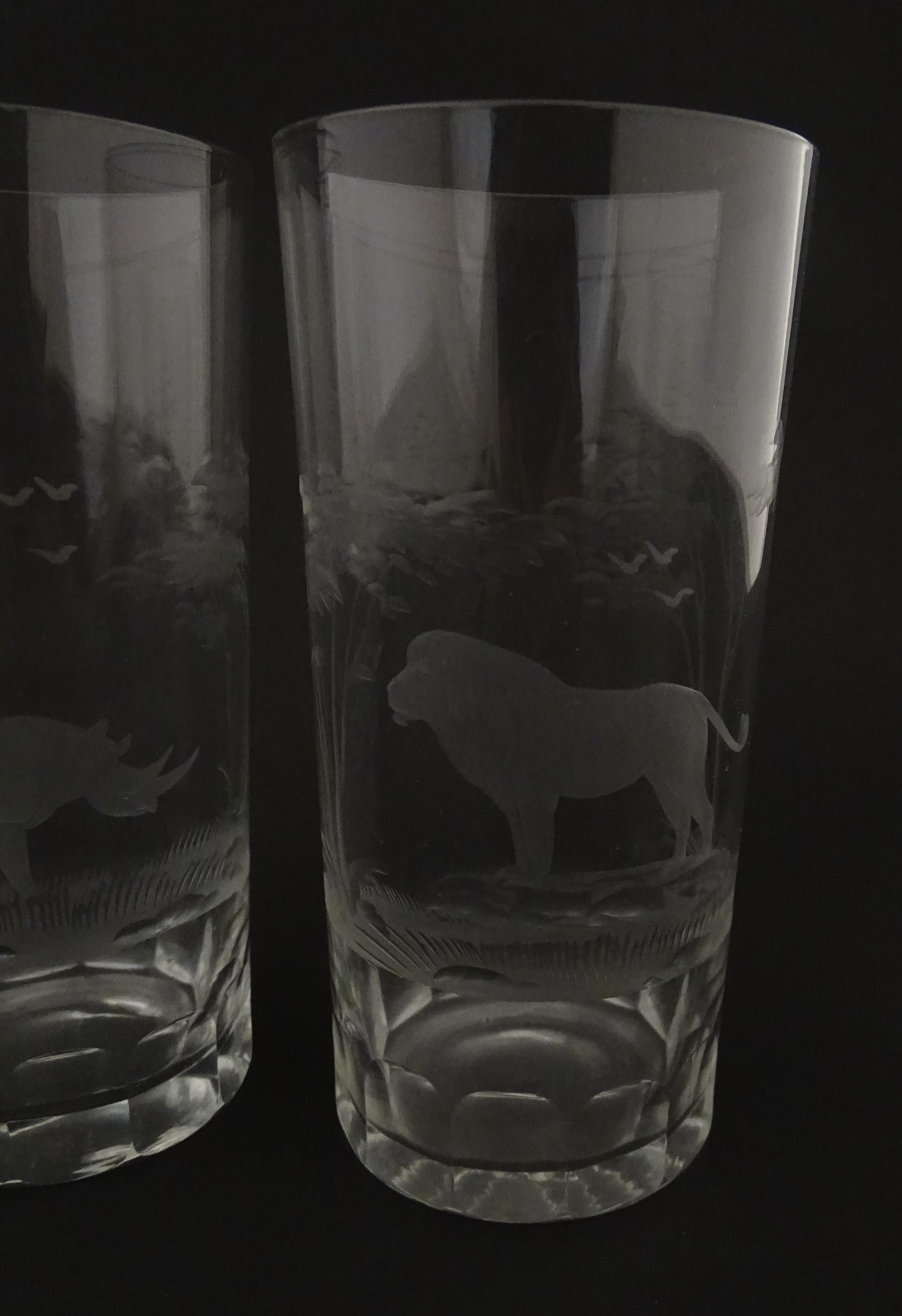 Six Rowland Ward highball glasses with engraved Safari animal detail. Unsigned. Approx. 5 1/2" - Image 6 of 17