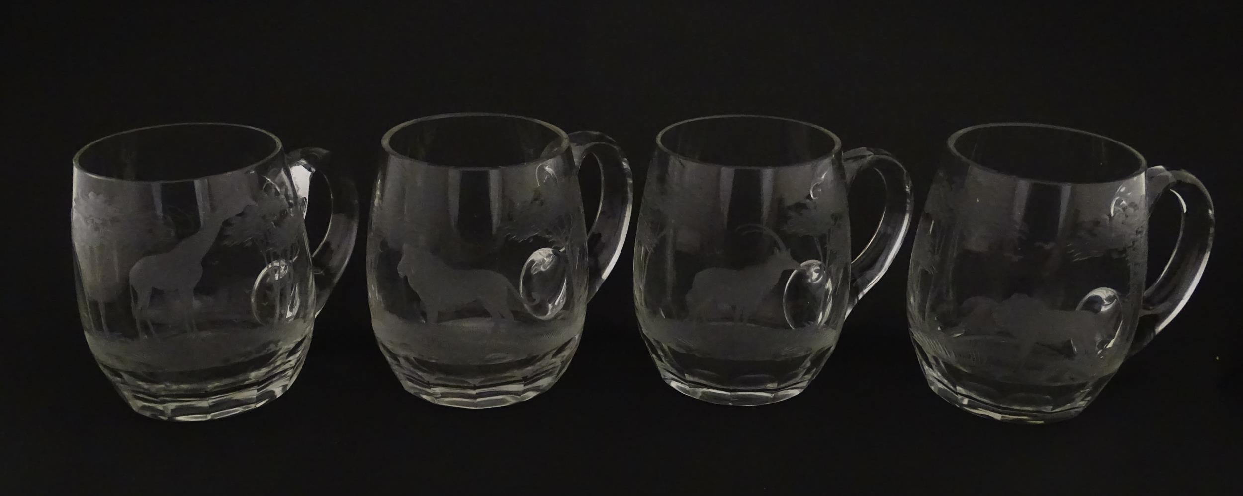 Seven Rowland Ward pint mugs / glasses with engraved Safari animal detail. Unsigned. Approx. 4 1/ - Image 6 of 26