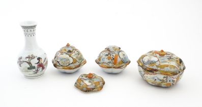 Three Japanese pots and covers decorated in the Satsuma palette with figures, Mount Fuji landscapes,