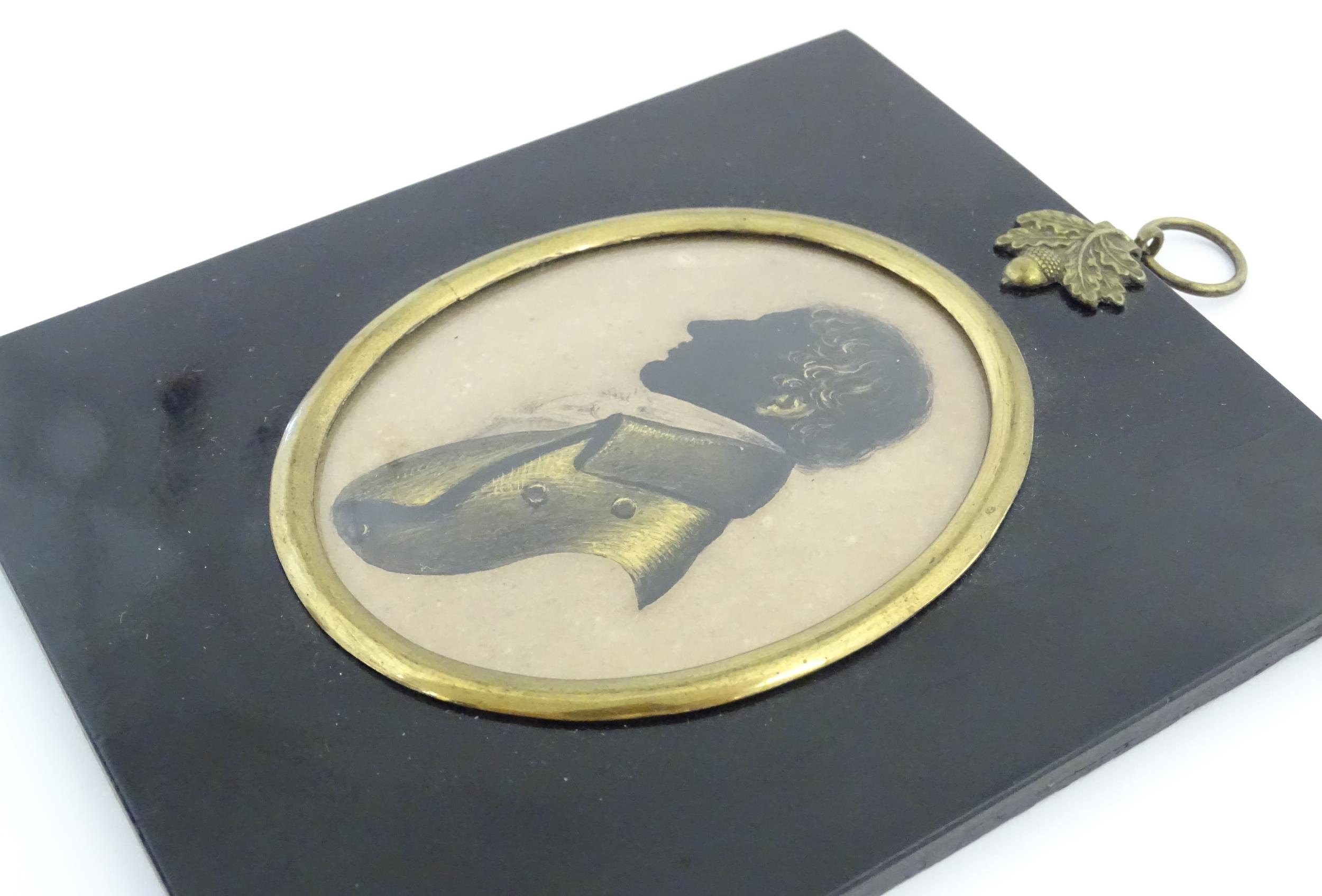 A 19thC silhouette portrait miniature depicting Charles Lamb, aged 23, with gilt highlights, after - Image 5 of 6