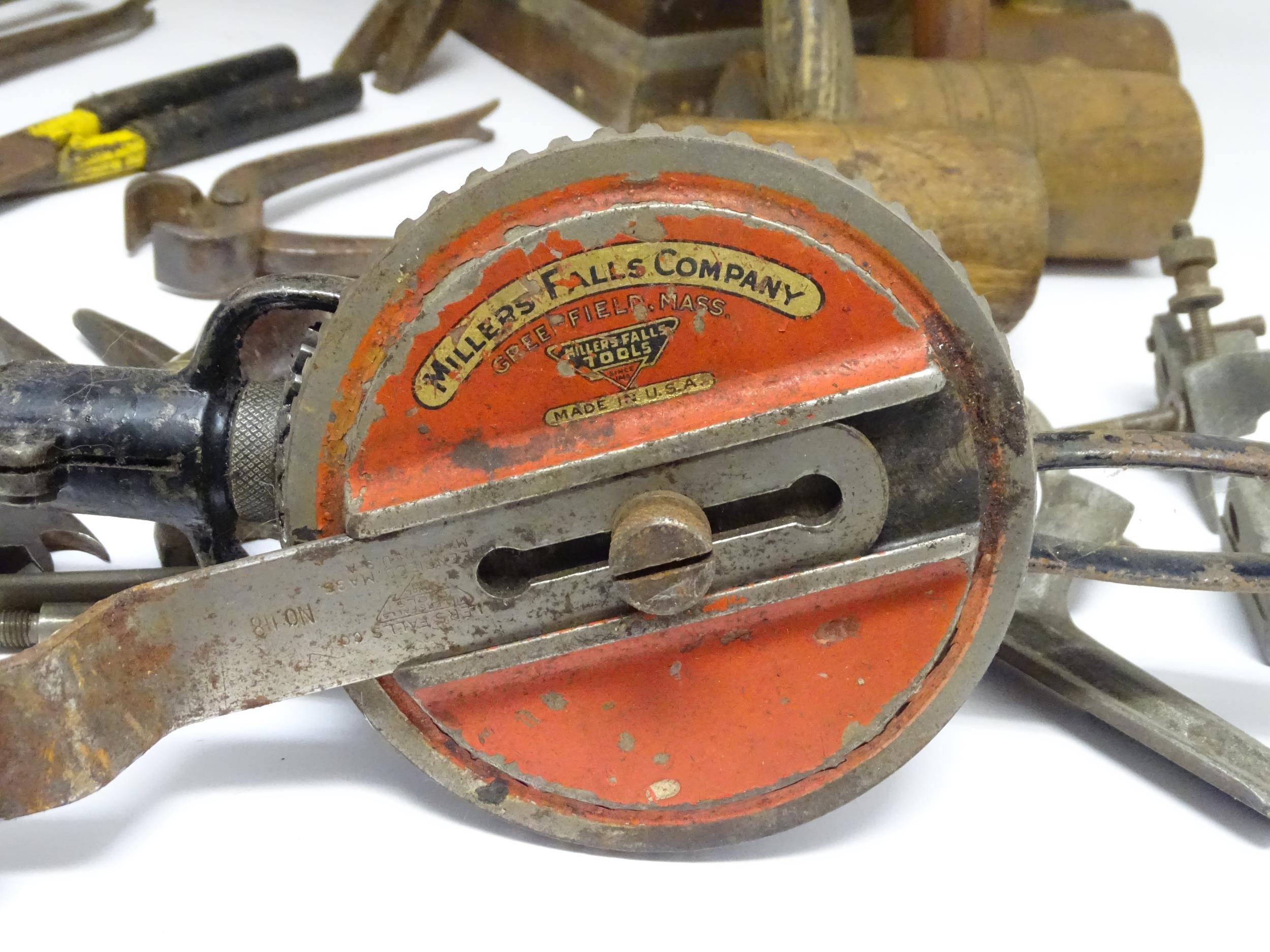 A quantity of assorted mid 20thC tools, to include hand drills, fencing pliers, mallets, - Image 3 of 8