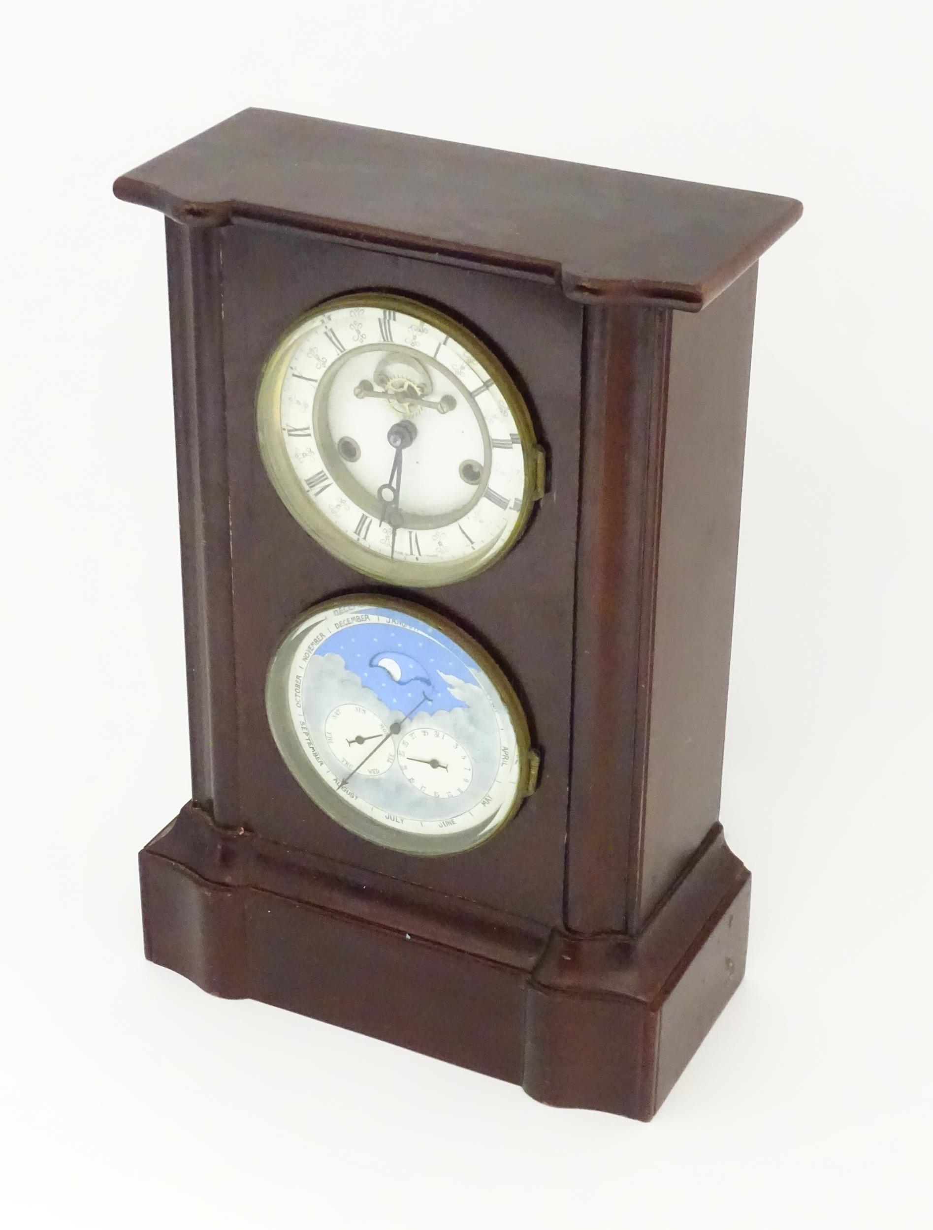 A French perpetual calendar clock, the wooden cased mantle clock having two piece enamel dial with - Image 4 of 10