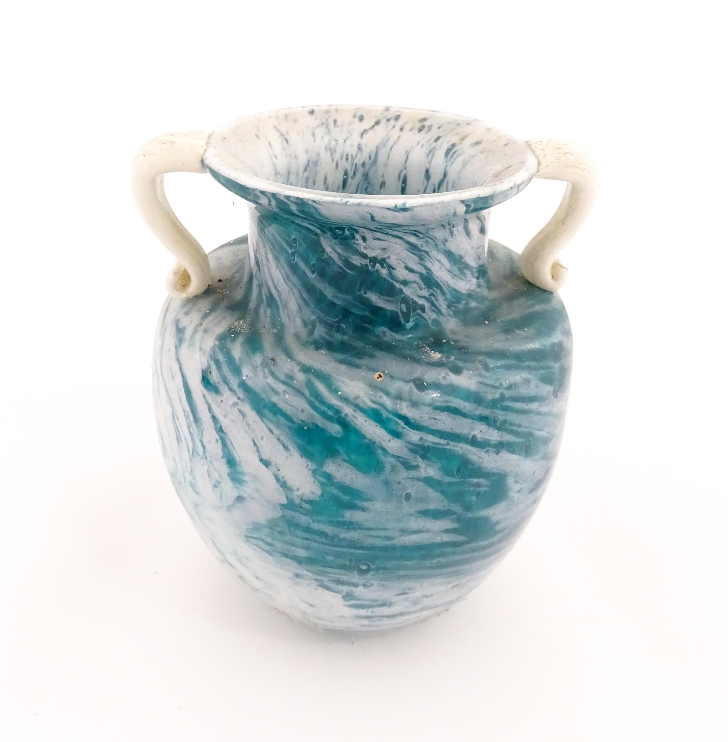 An Isle of Scilly blue glass vase with twin handles and white mottled swirl detail, signed D. Lang - Image 5 of 6