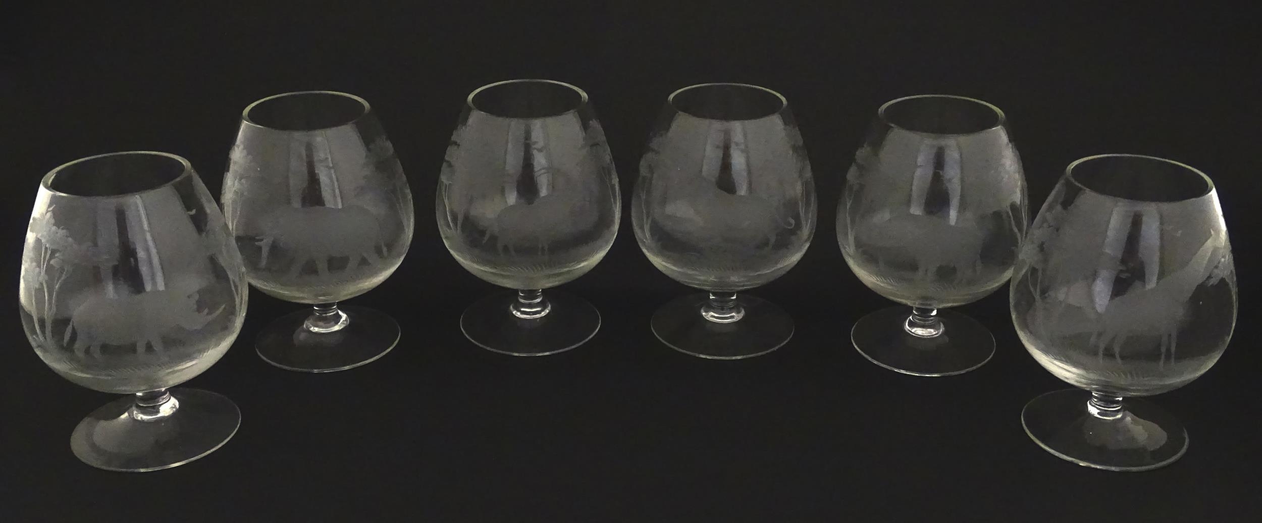 Six Rowland Ward brandy glasses with engraved Safari animal detail. Unsigned Approx. 4 3/4" high (6) - Image 3 of 14