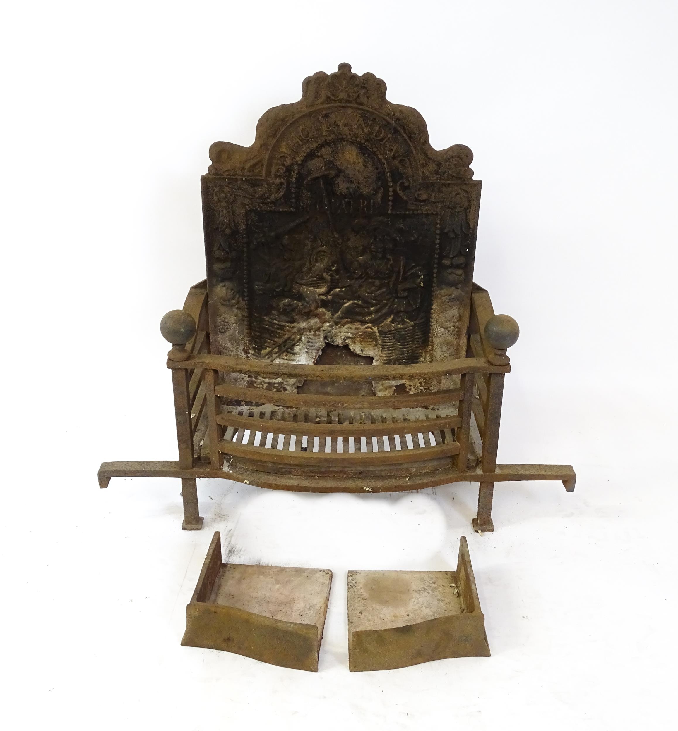 A large cast iron fire basket, the back decorated with figure and lion, marked 'Hollandia Pro - Image 15 of 18