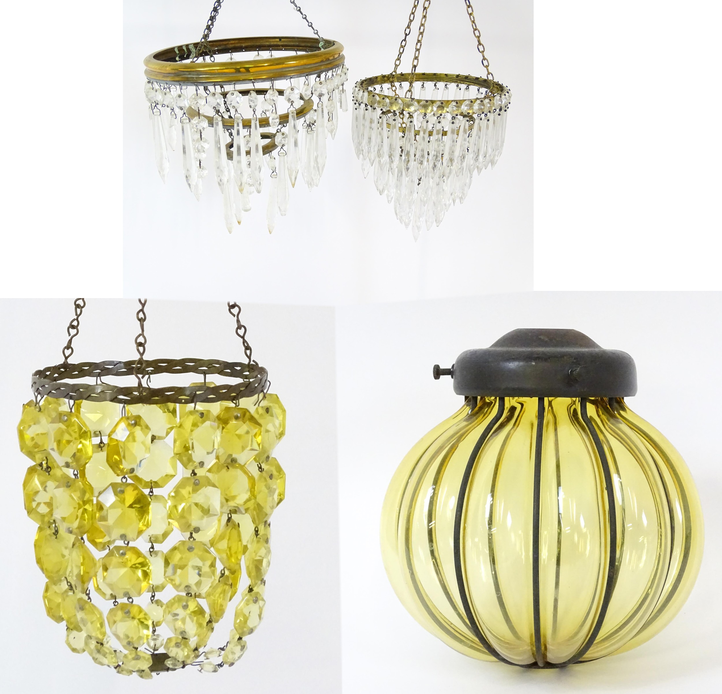 Three assorted pendant bag light shades with lustre drops. Together with a yellow amber glass