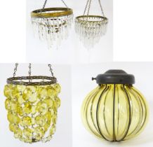 Three assorted pendant bag light shades with lustre drops. Together with a yellow amber glass