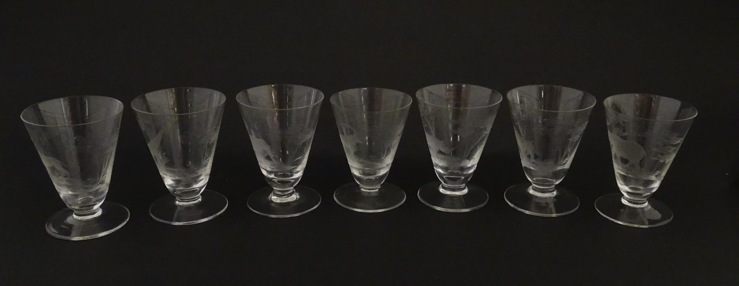 Rowland Ward sherry / liquor glasses with engraved Safari animal detail. Unsigned. Largest approx. - Image 14 of 26