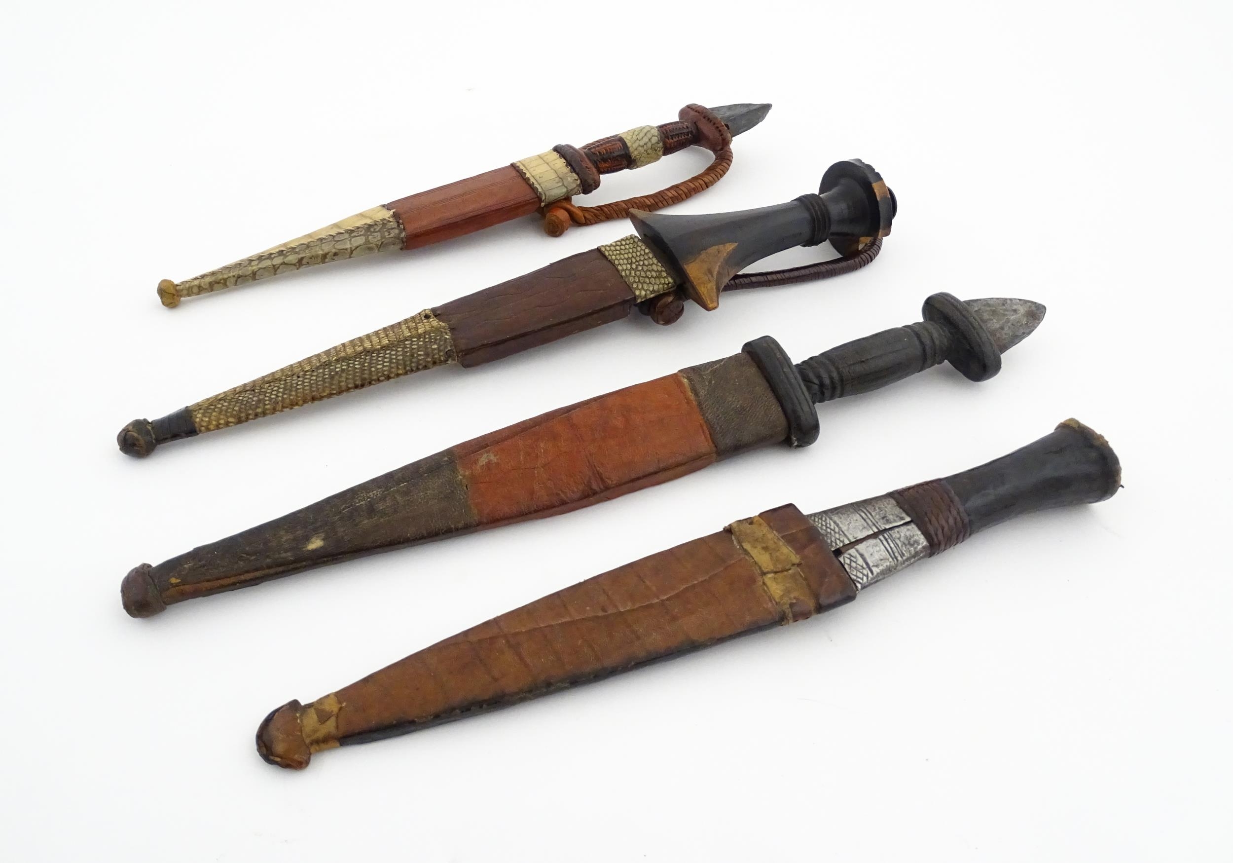Ethnographic / Native / Tribal : Four assorted African / Sudanese arm knives / daggers, with leather - Image 2 of 12