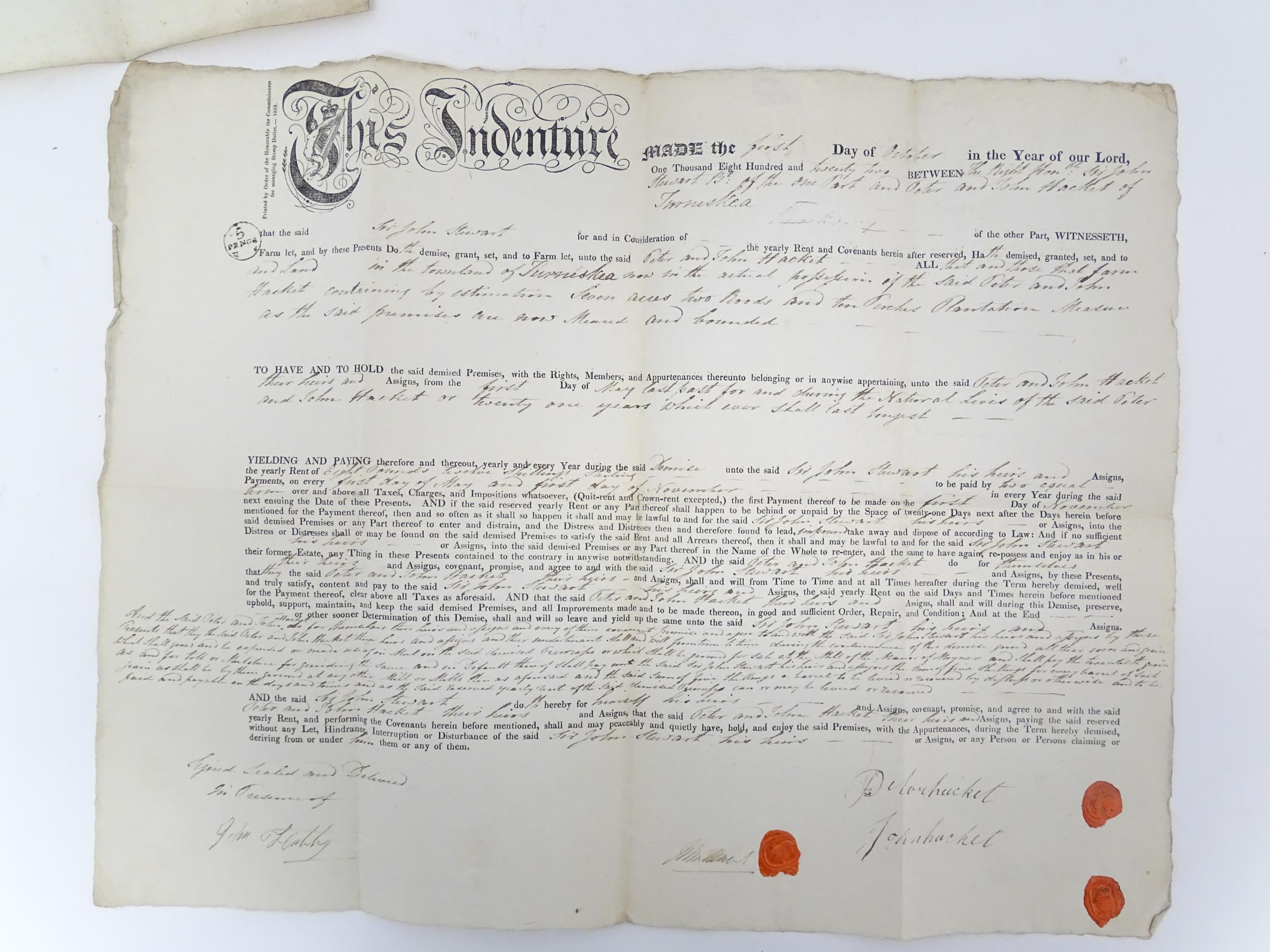 Three 18thC and later Irish indentures to include a 1796 document relating to renting in County - Image 3 of 7