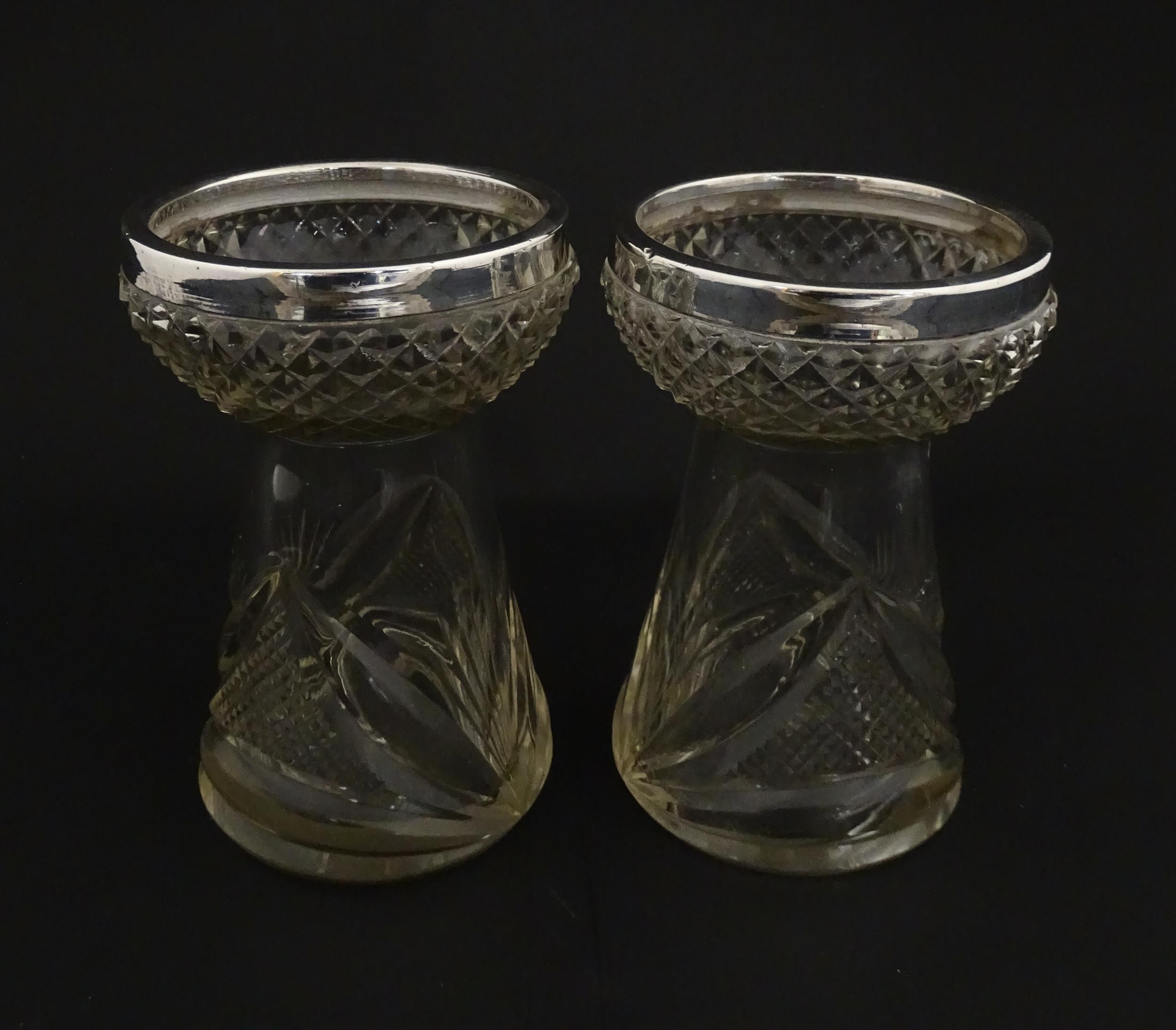 A pair of cut glass vases with silver rims in the style of hyacinth vases, hallmarked Birmingham - Image 5 of 10