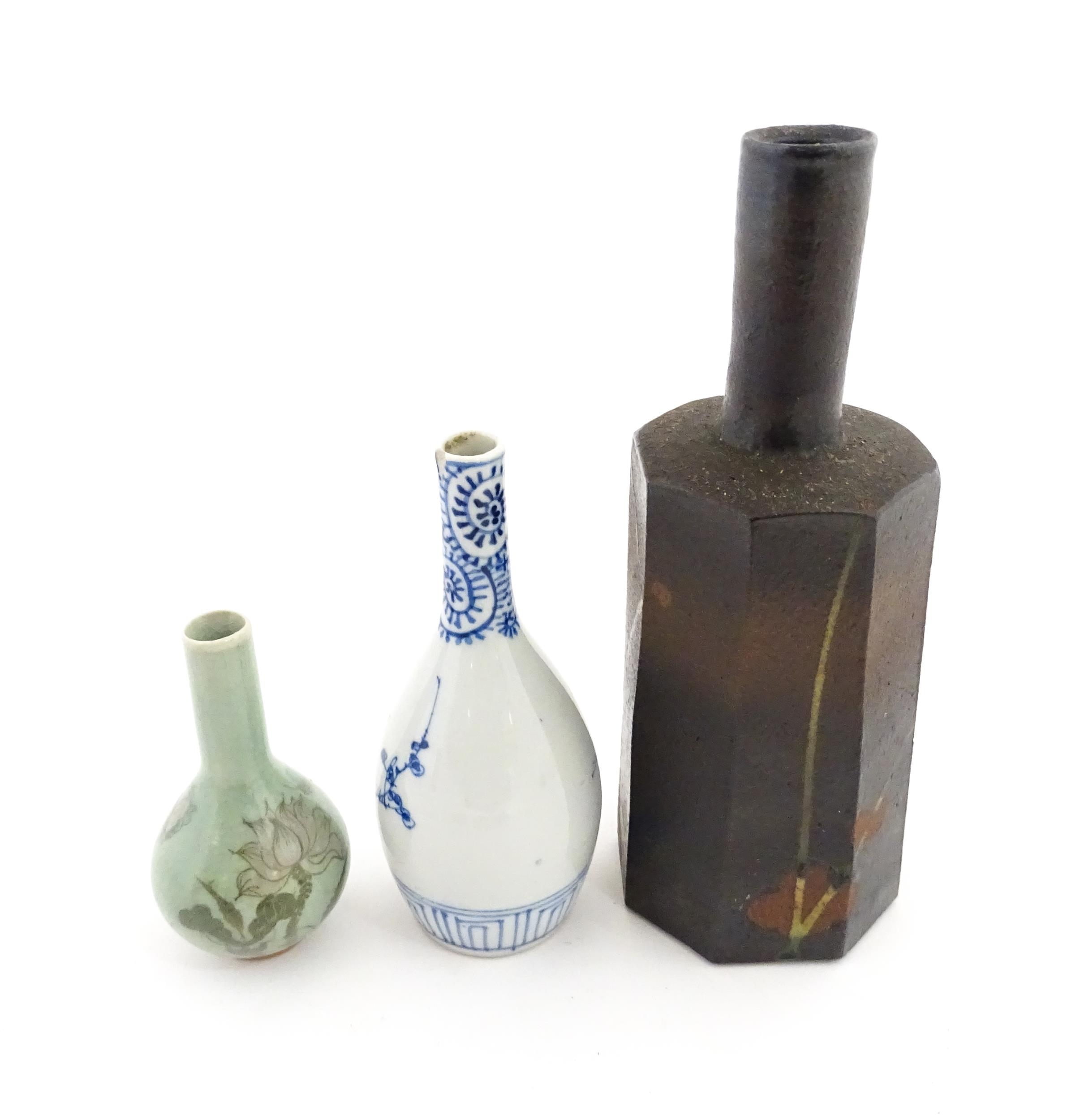 A Japanese studio pottery vase with octagonal body, elongated neck and brushwork detail. Together - Image 5 of 7