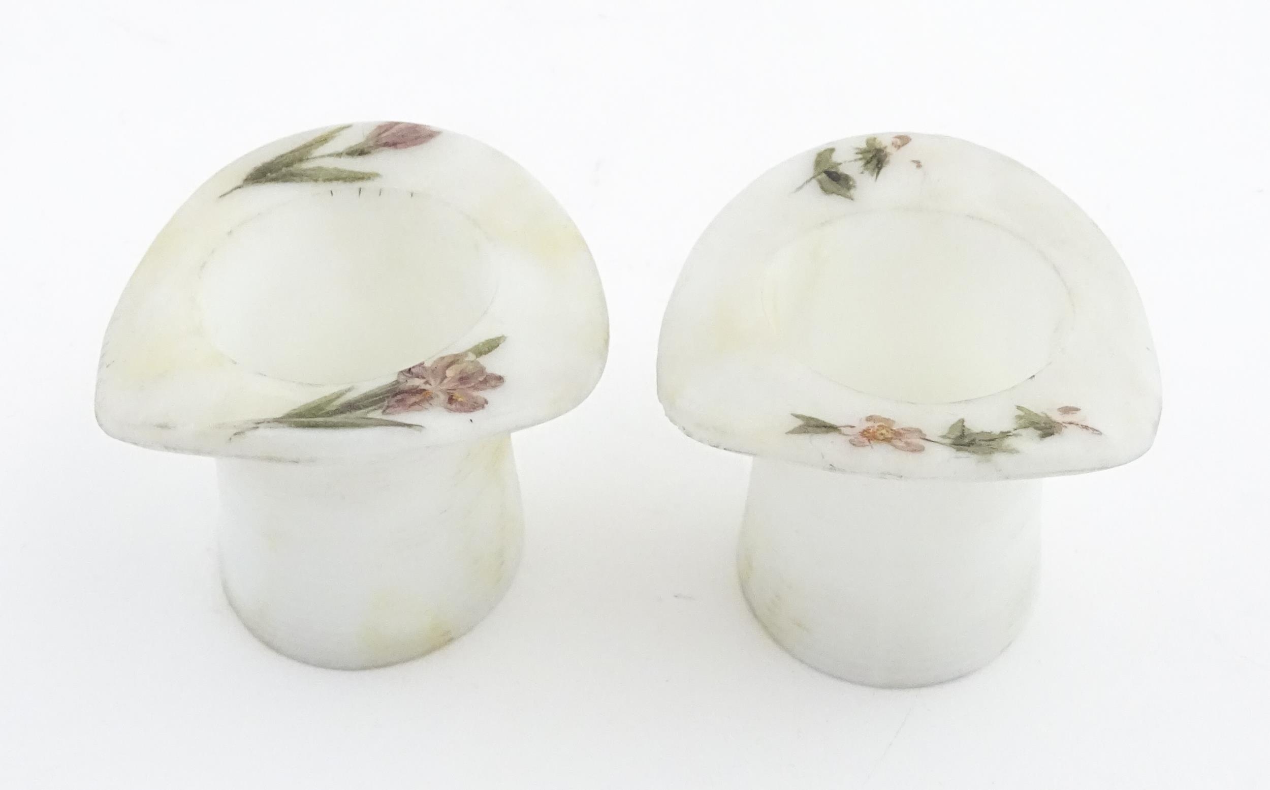 A pair of milk glass match holders / vesta keeps formed as top hats with hand painted floral detail. - Image 8 of 13