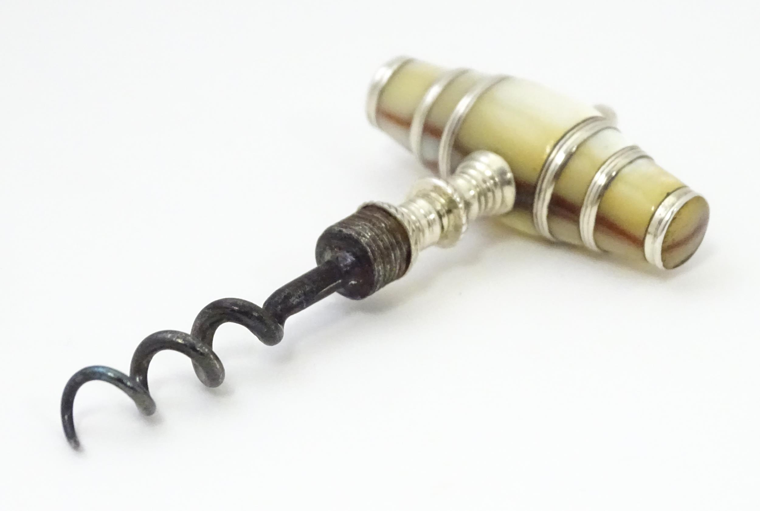 An 18thC silver pocket / travelling corkscrew with mother of pearl handle of barrel form, maker - Image 5 of 6