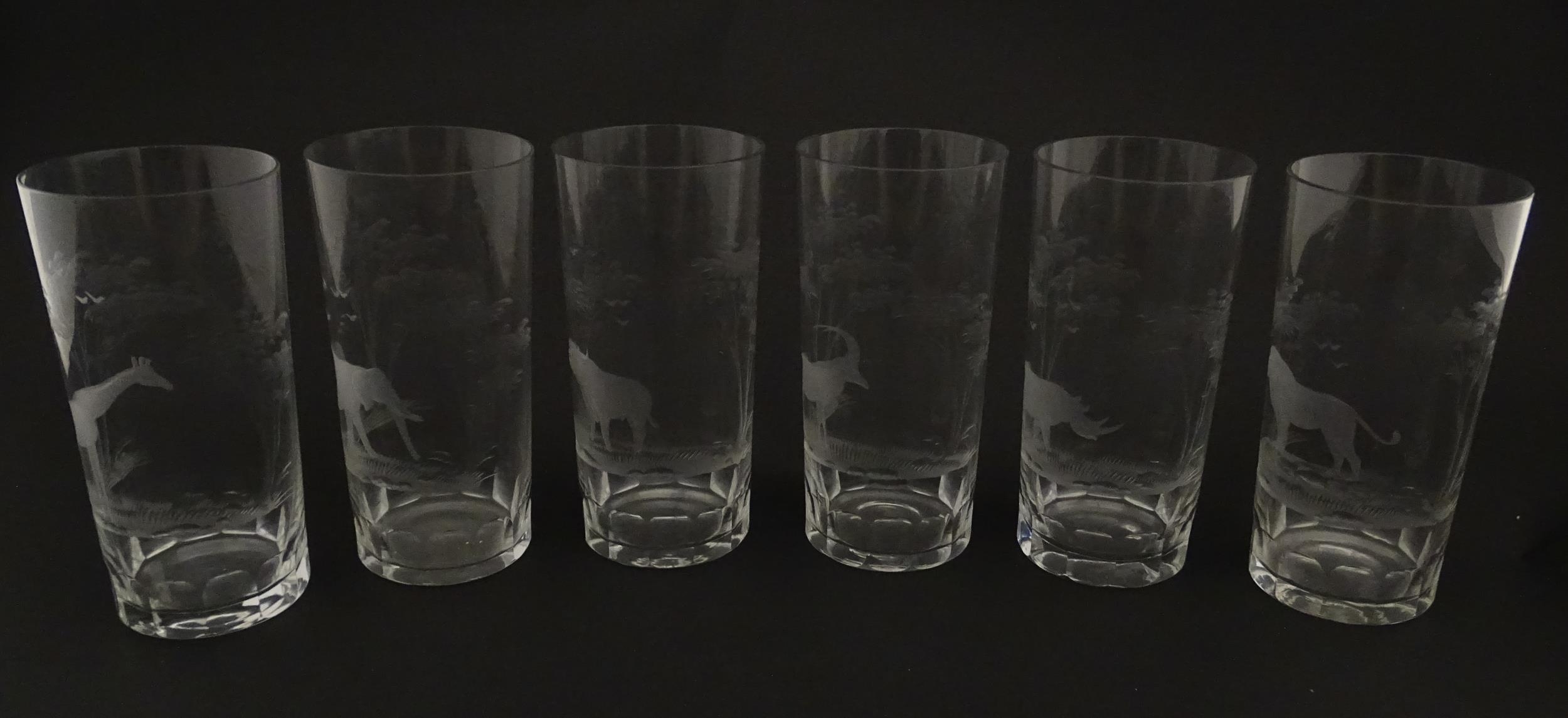 Six Rowland Ward highball glasses with engraved Safari animal detail. Unsigned. Approx. 5 1/2" - Image 13 of 17