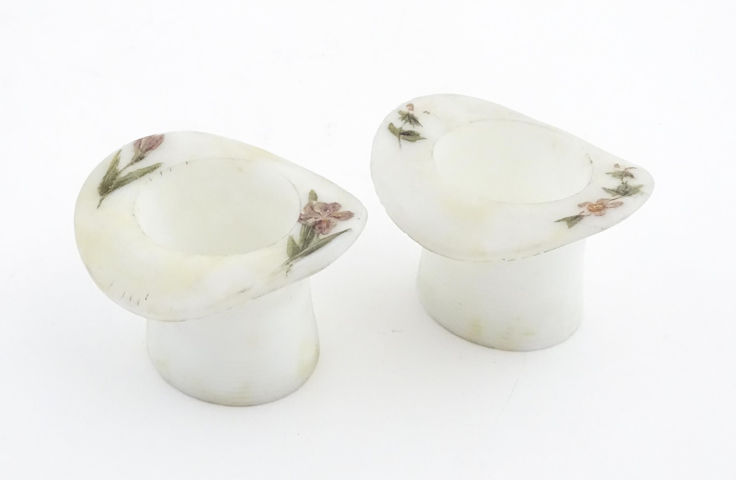 A pair of milk glass match holders / vesta keeps formed as top hats with hand painted floral detail. - Image 4 of 13