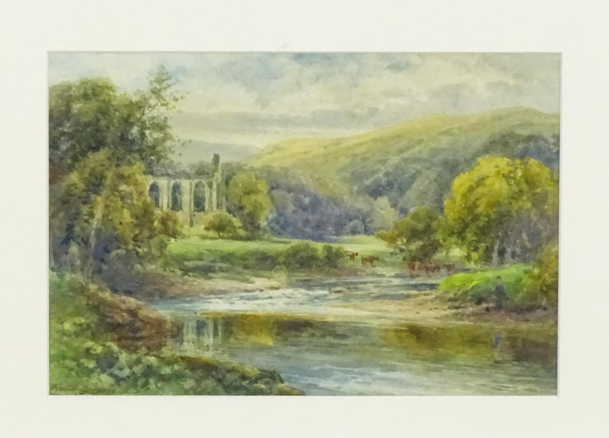 Frank Gresley (1855-1936), Watercolour, Bolton Abbey, A Yorkshire Dales river landscape with - Image 3 of 4