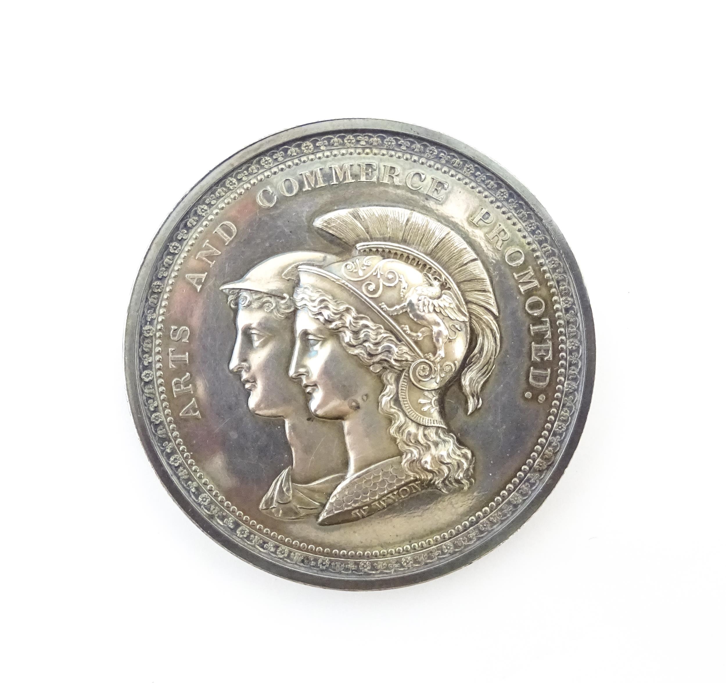 A 19thC white metal Arts and Commerce Promoted medal / medallion awarded 'To Miss C. Depree. - Image 3 of 6