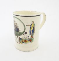 A Dawson & Co. creamware tankard depicting a merchant sailing ship and bearing the motto 'May