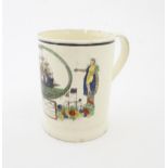 A Dawson & Co. creamware tankard depicting a merchant sailing ship and bearing the motto 'May