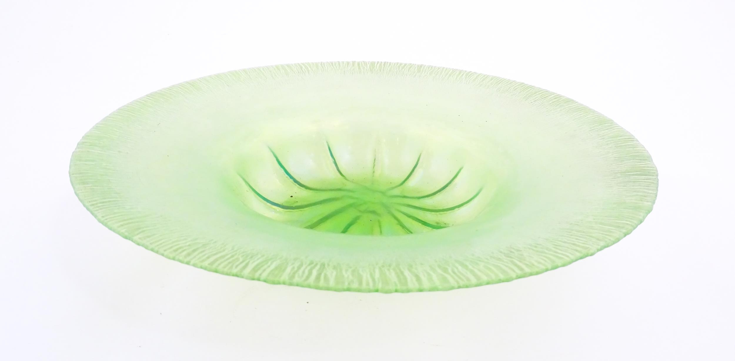 A pale green lustre glass bowl with lobed centre and textured rim. Approx. 12 1/2" diameter Please - Image 4 of 7
