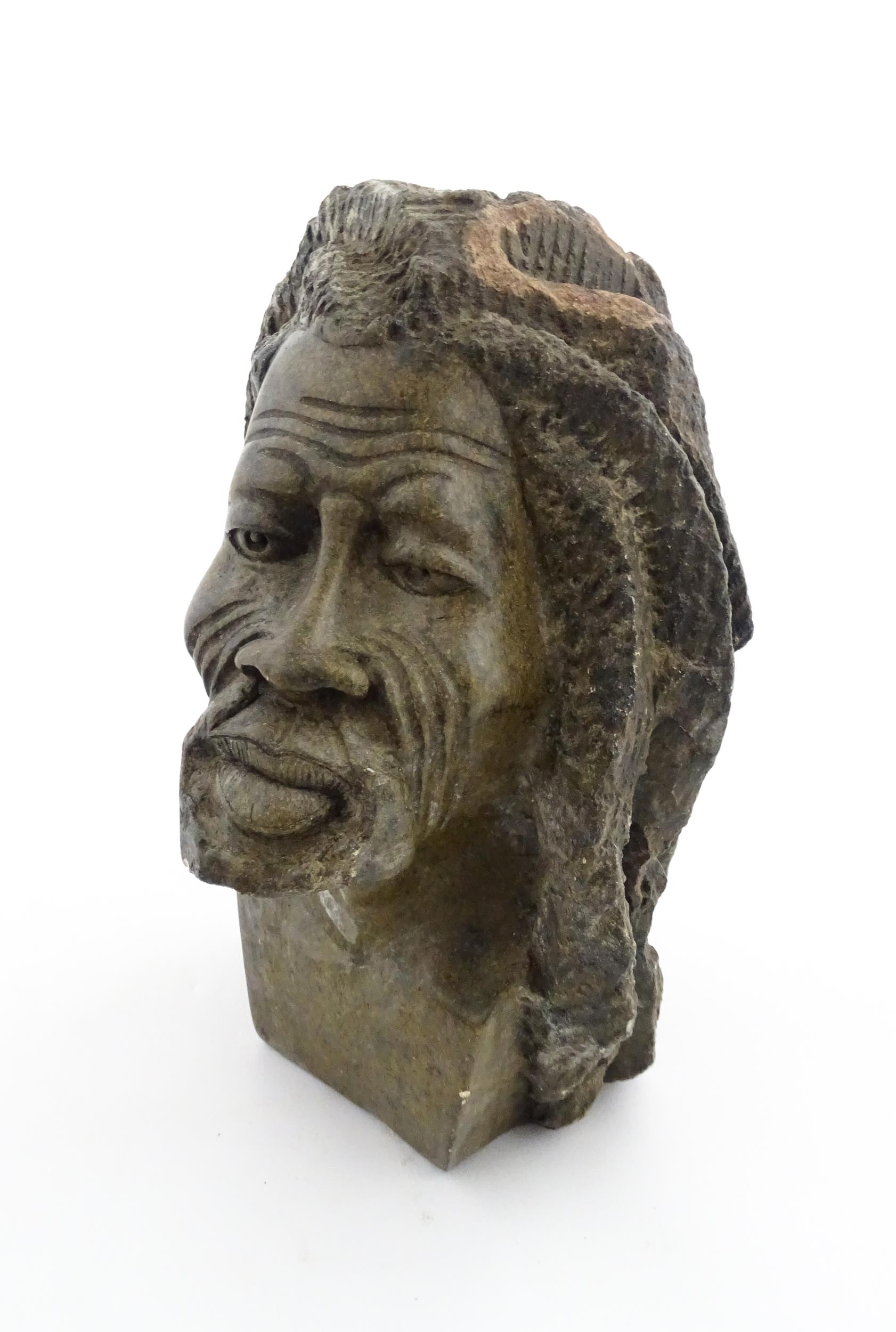 Ethnographic / Native / Tribal : An African carved soapstone bust modelled as a man with dreadlocks. - Image 6 of 7