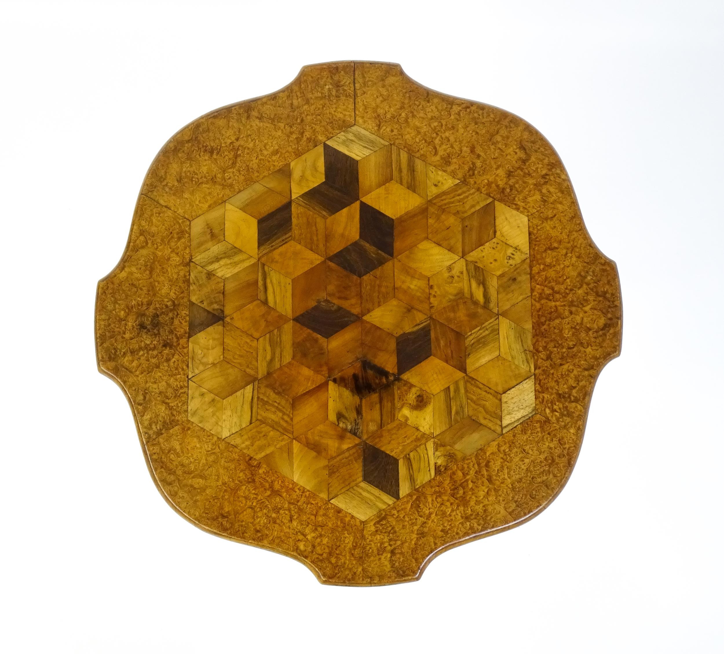 A 19thC tripod table with a burr amboyna veneered top surrounding a central parquetry style sample - Image 3 of 10