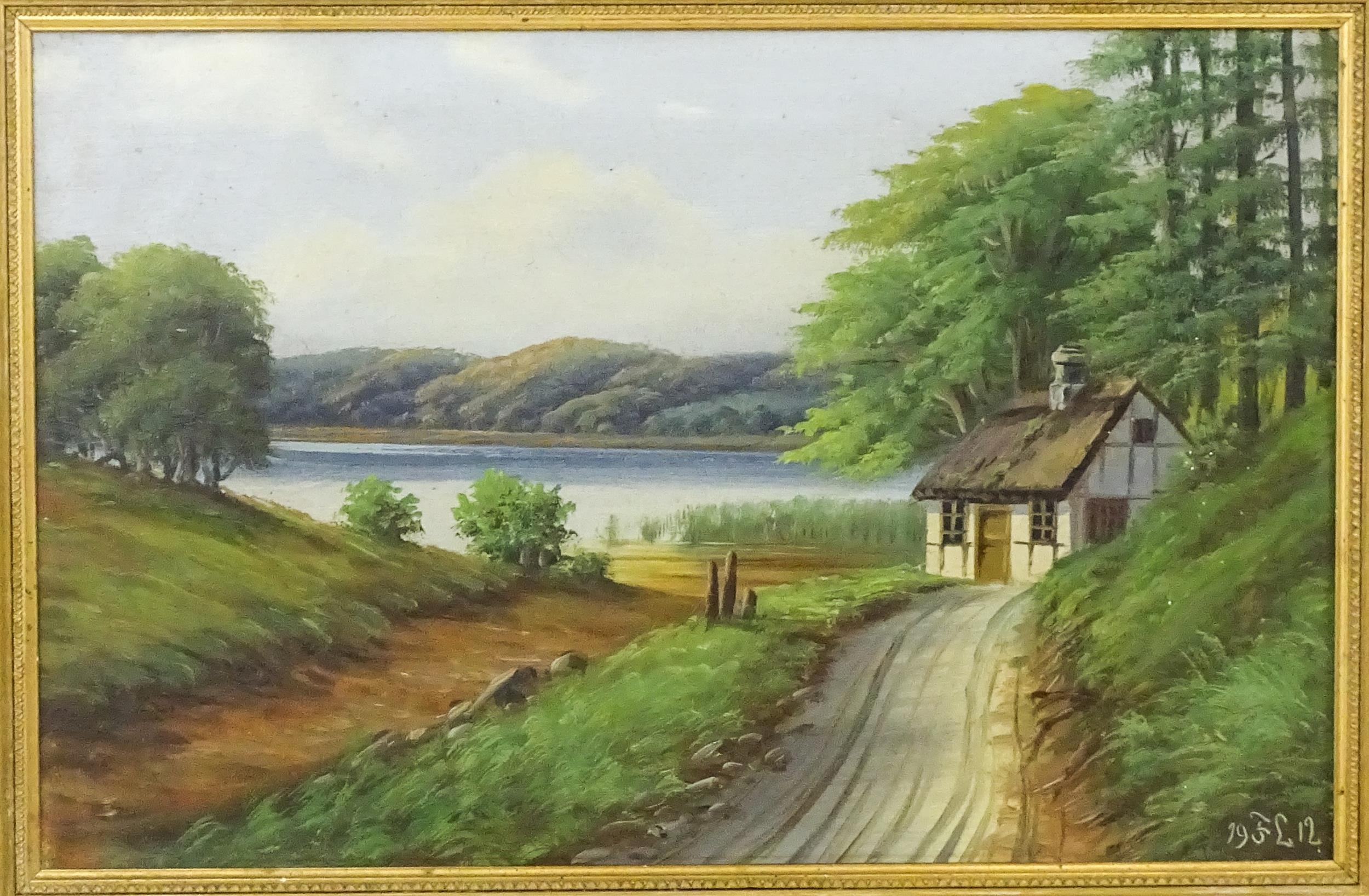 Early 20th century, Oil on canvas, A lake scene with a thatched cottage. Signed with initials FL and - Image 3 of 4