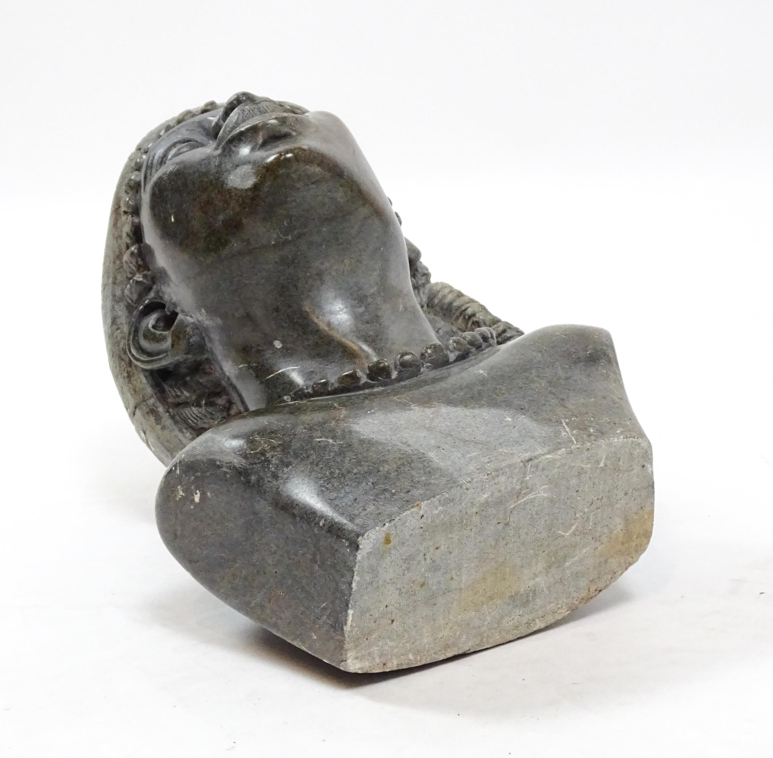 Ethnographic / Native / Tribal : An African carved soapstone bust modelled as a woman wearing a - Image 2 of 6