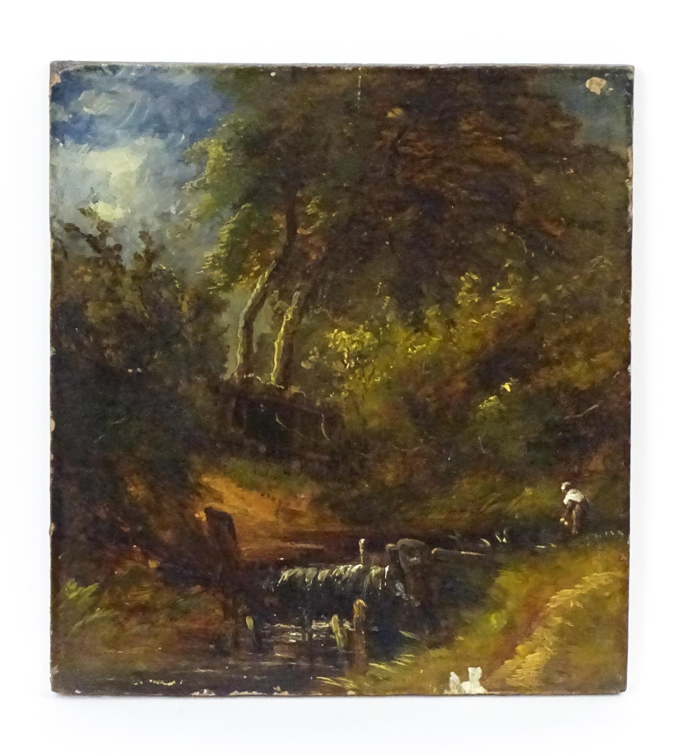 19th century, Oil on panel, A wooded river scene with a figure. Indistinctly ascribed verso. Approx. - Image 3 of 3
