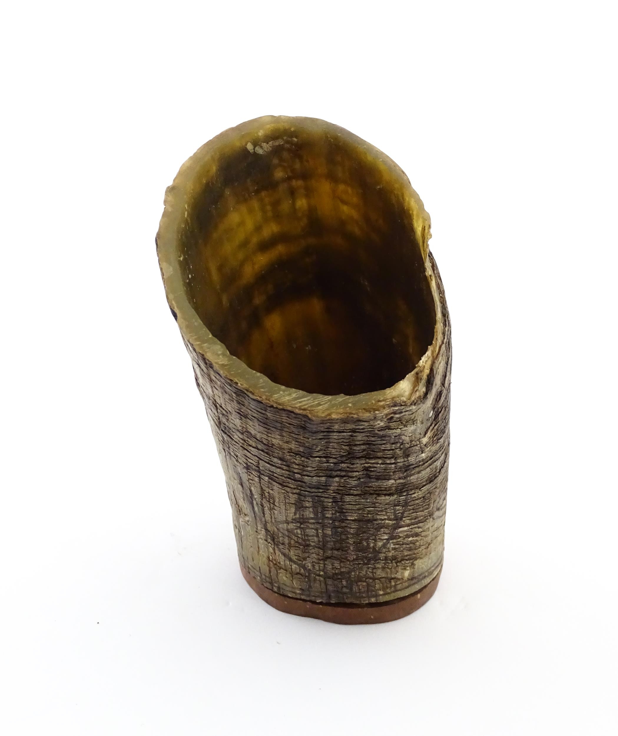 A 19thC horn vessel with wooden base having naive penwork detail. Approx. 6 1/2" high Please - Image 5 of 9