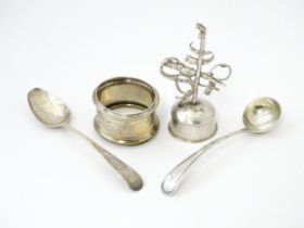 Assorted silver and white metal items to include a napkin ring hallmarked 1925, a Geo III silver