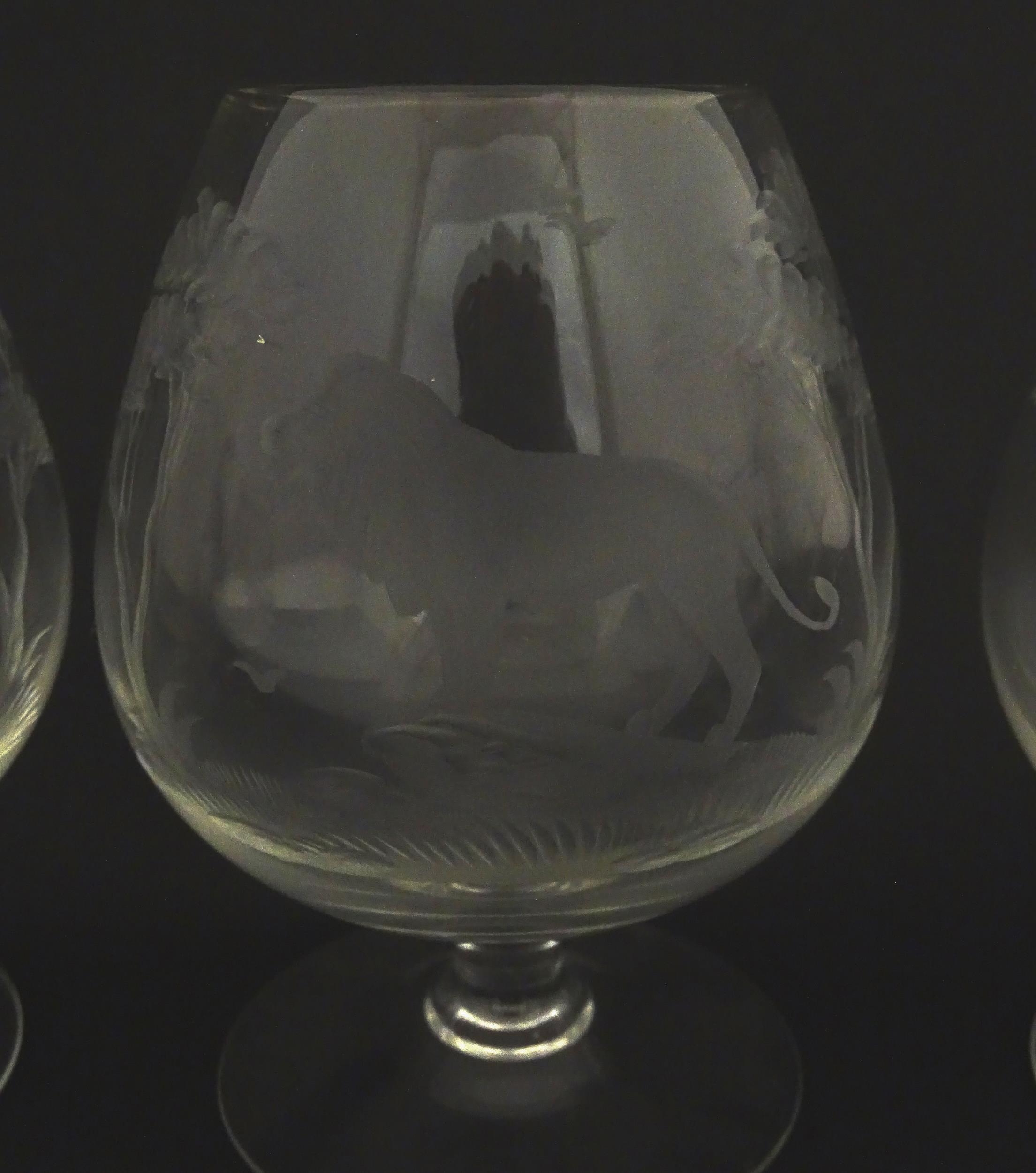 Six Rowland Ward brandy glasses with engraved Safari animal detail. Unsigned Approx. 4 3/4" high (6) - Image 6 of 14