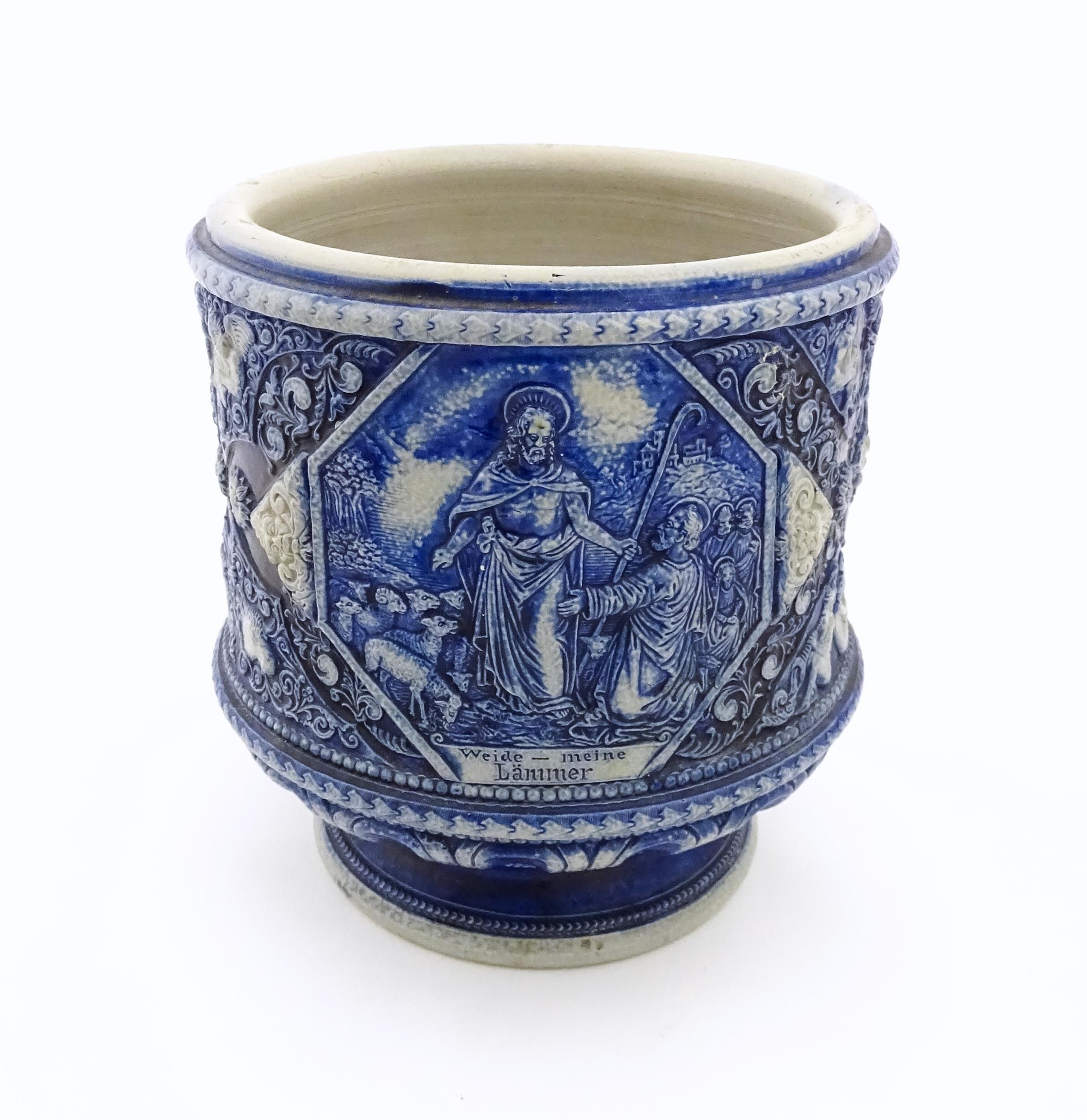 A German Westerwald style stoneware pottery jardiniere with relief vignette decoration depicting - Image 4 of 7