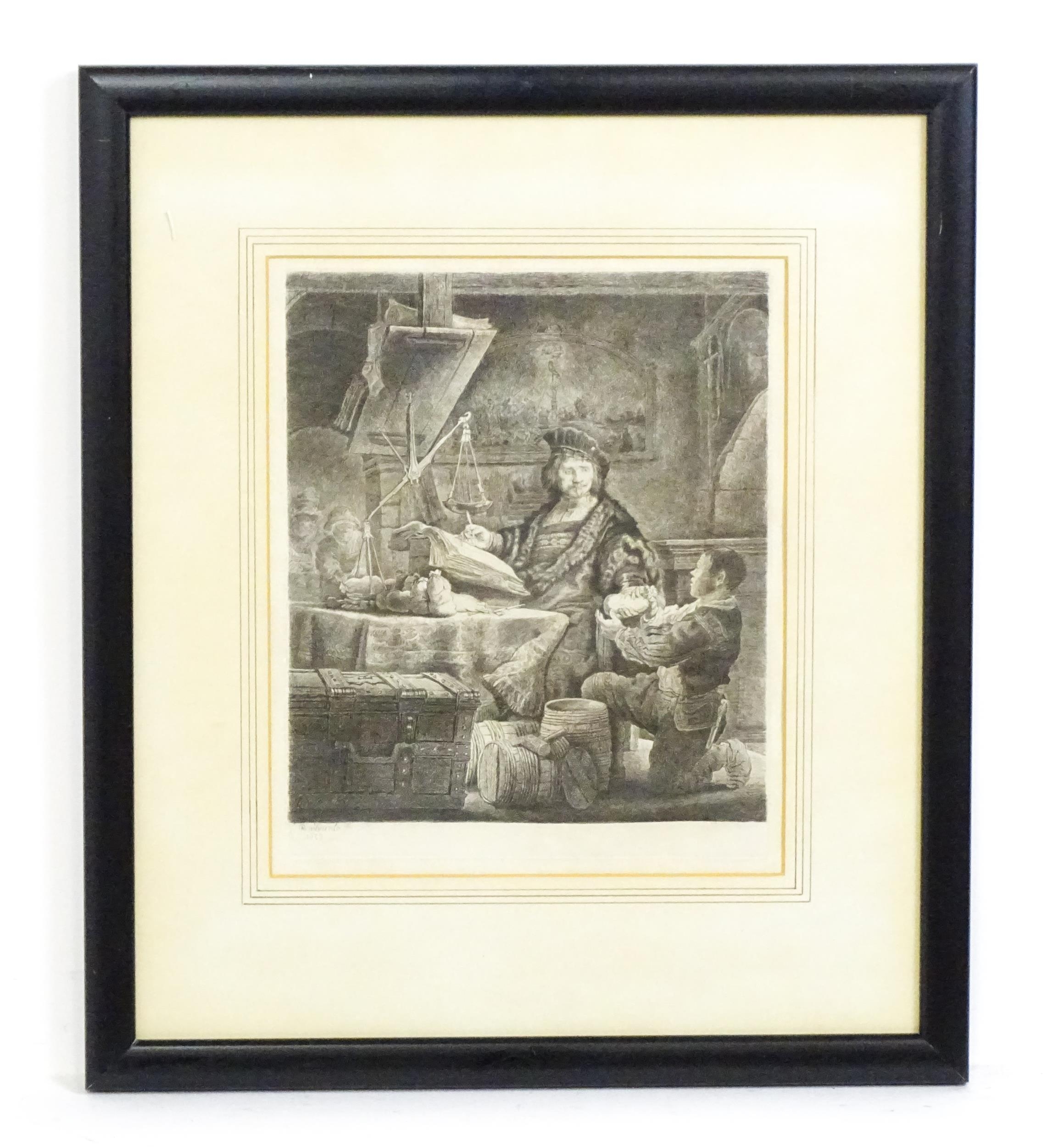 After Rembrandt van Rijn (1606- 1669), Etching, The Gold Weigher. Facsimile signature and date