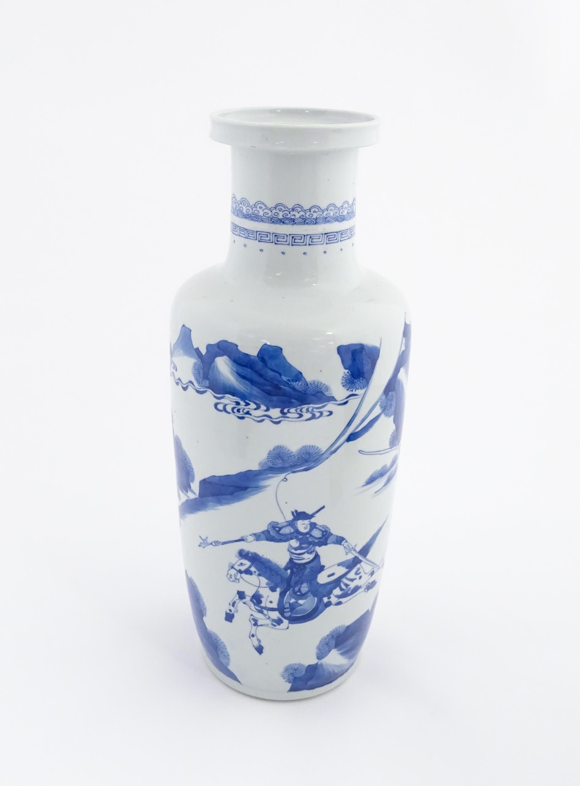A Chinese blue and white vase decorated with warriors and horses in a landscape. Character marks - Image 5 of 9
