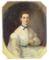 19th century, English School, Oil on canvas, A portrait of a young lady wearing a white dress with