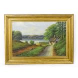 Early 20th century, Oil on canvas, A lake scene with a thatched cottage. Signed with initials FL and