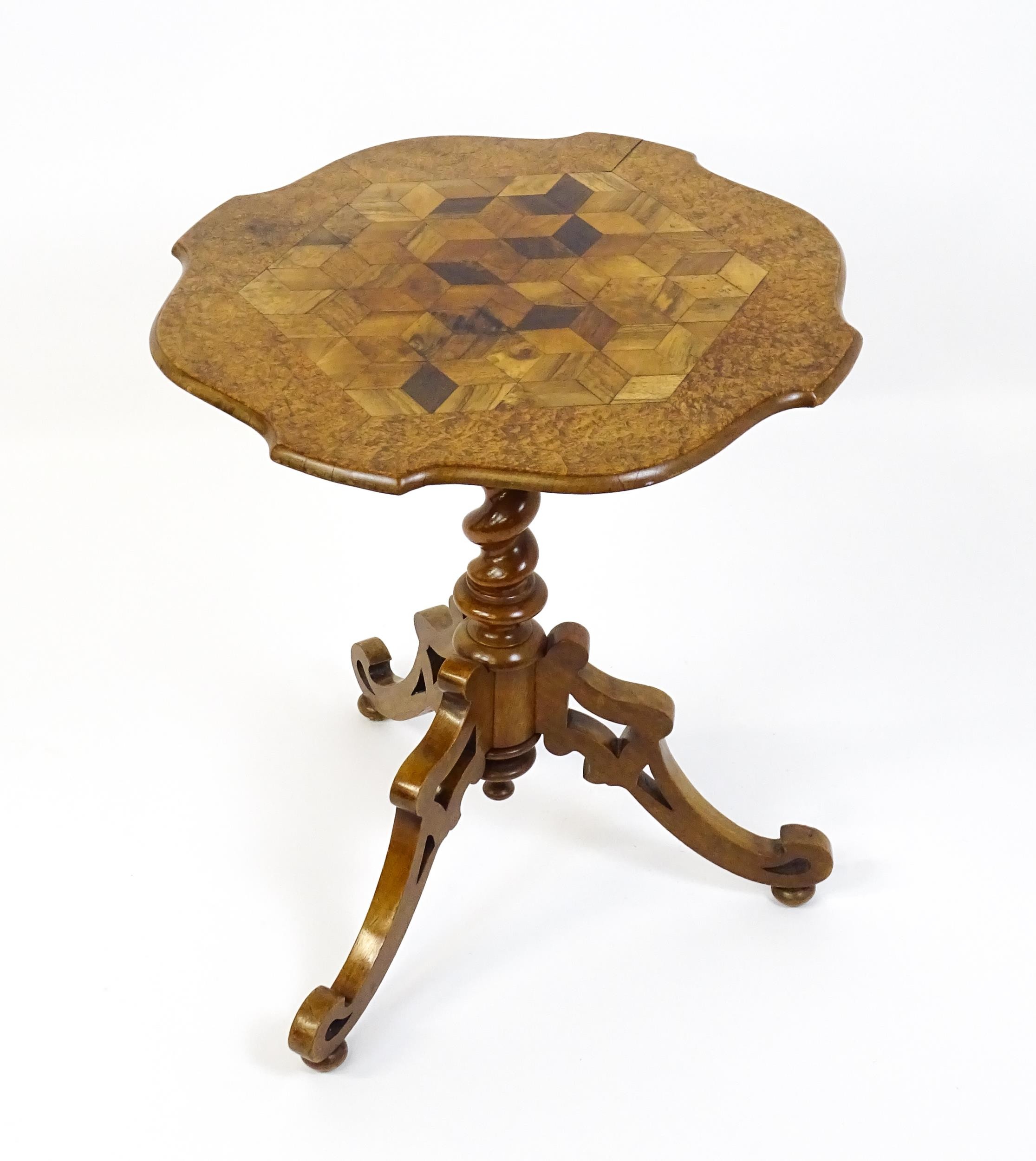 A 19thC tripod table with a burr amboyna veneered top surrounding a central parquetry style sample - Image 7 of 10