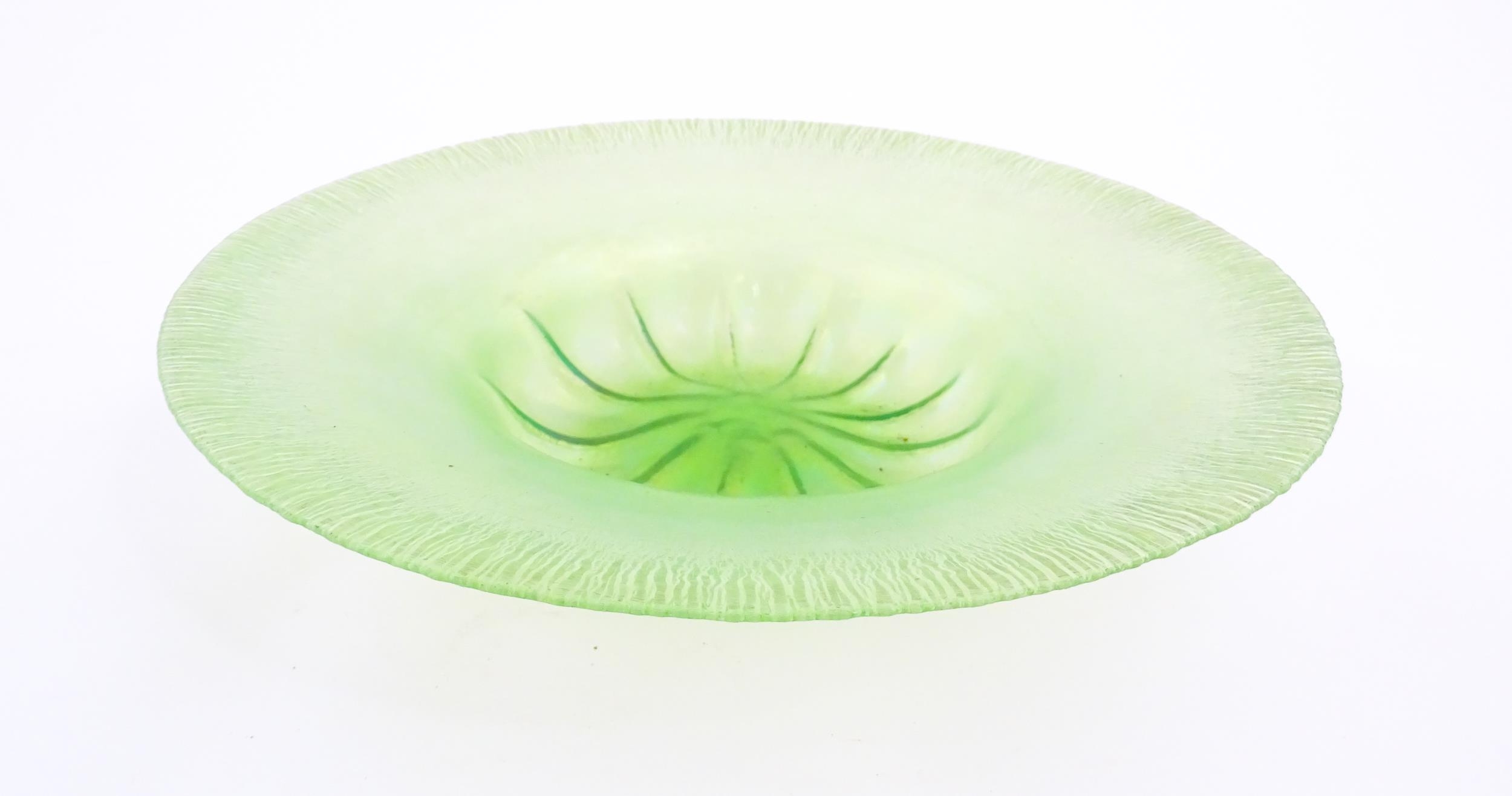 A pale green lustre glass bowl with lobed centre and textured rim. Approx. 12 1/2" diameter Please - Image 3 of 7