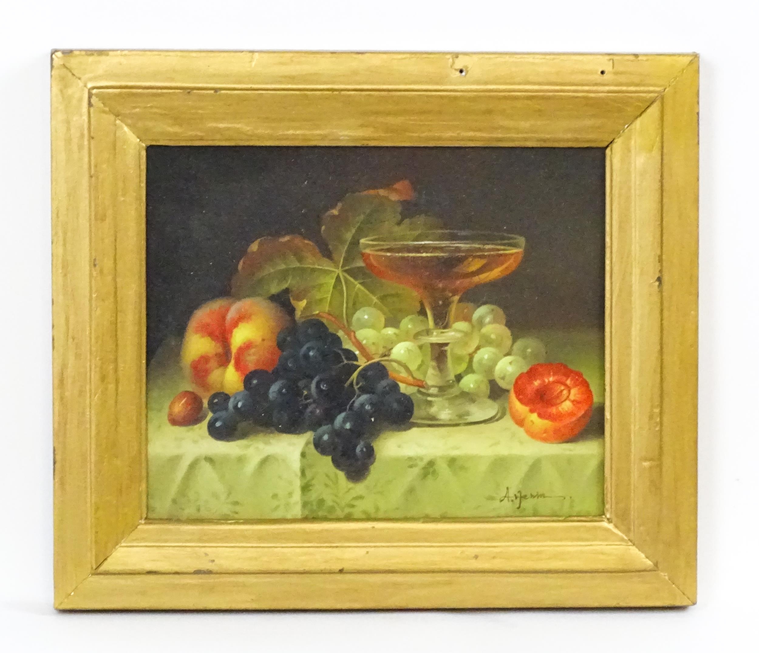 Artemis, 20th century, Oil on panel, A still life study with fruit and a glass on a table. Signed